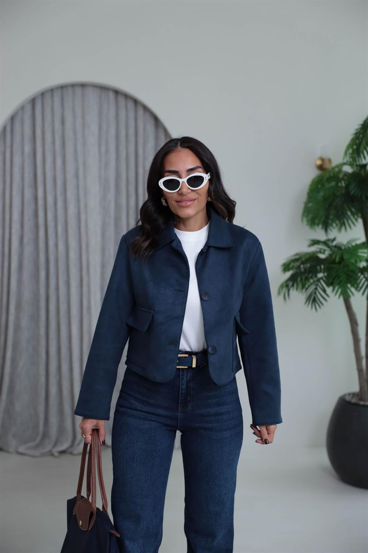 0208  Cep Detaylı Kısa Süet Ceket LACİVERT