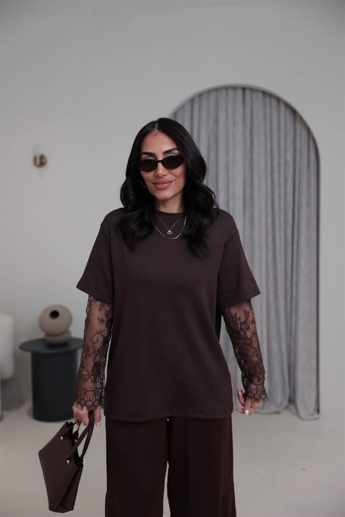 1049 Kolları Dantel Detaylı Modal Tshirt KAHVE