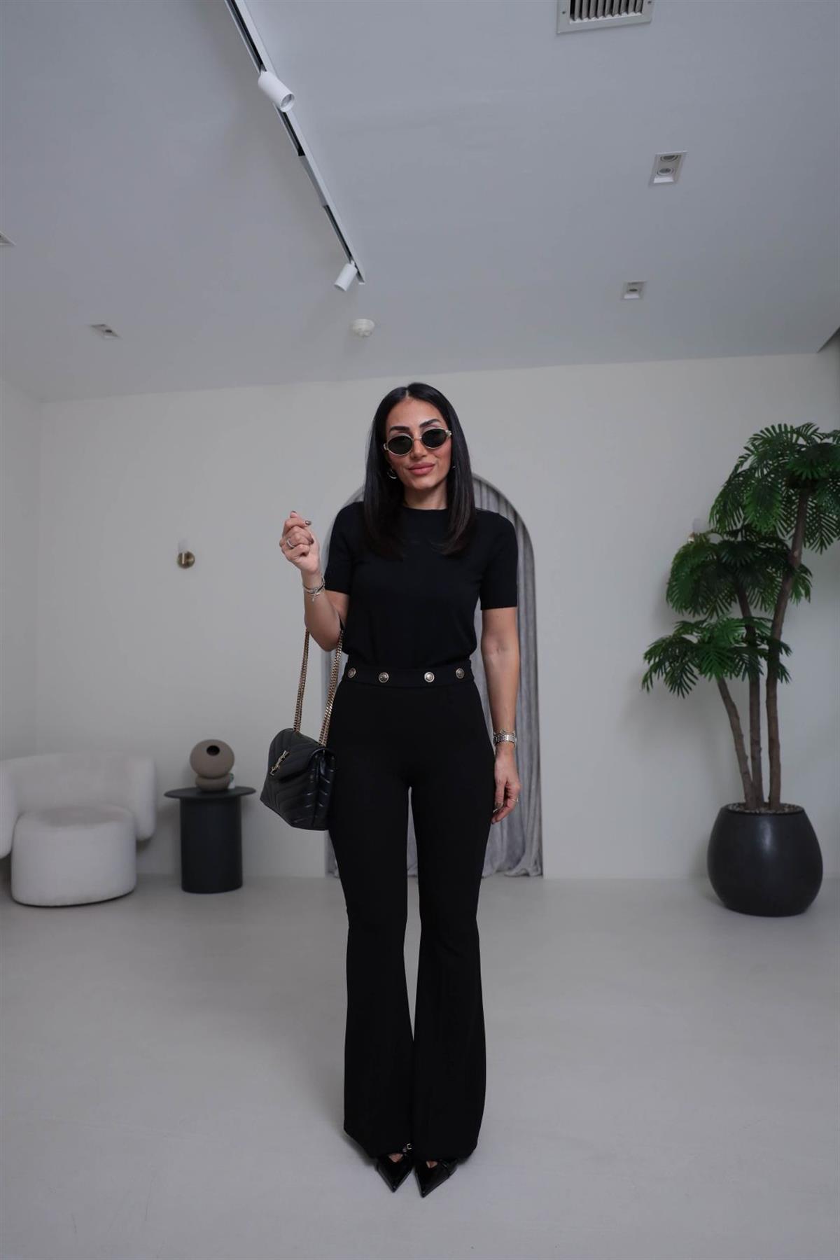 7068 Belden Düğmeli Yüksek Bel Likralı İspanyol Pantolon SİYAH