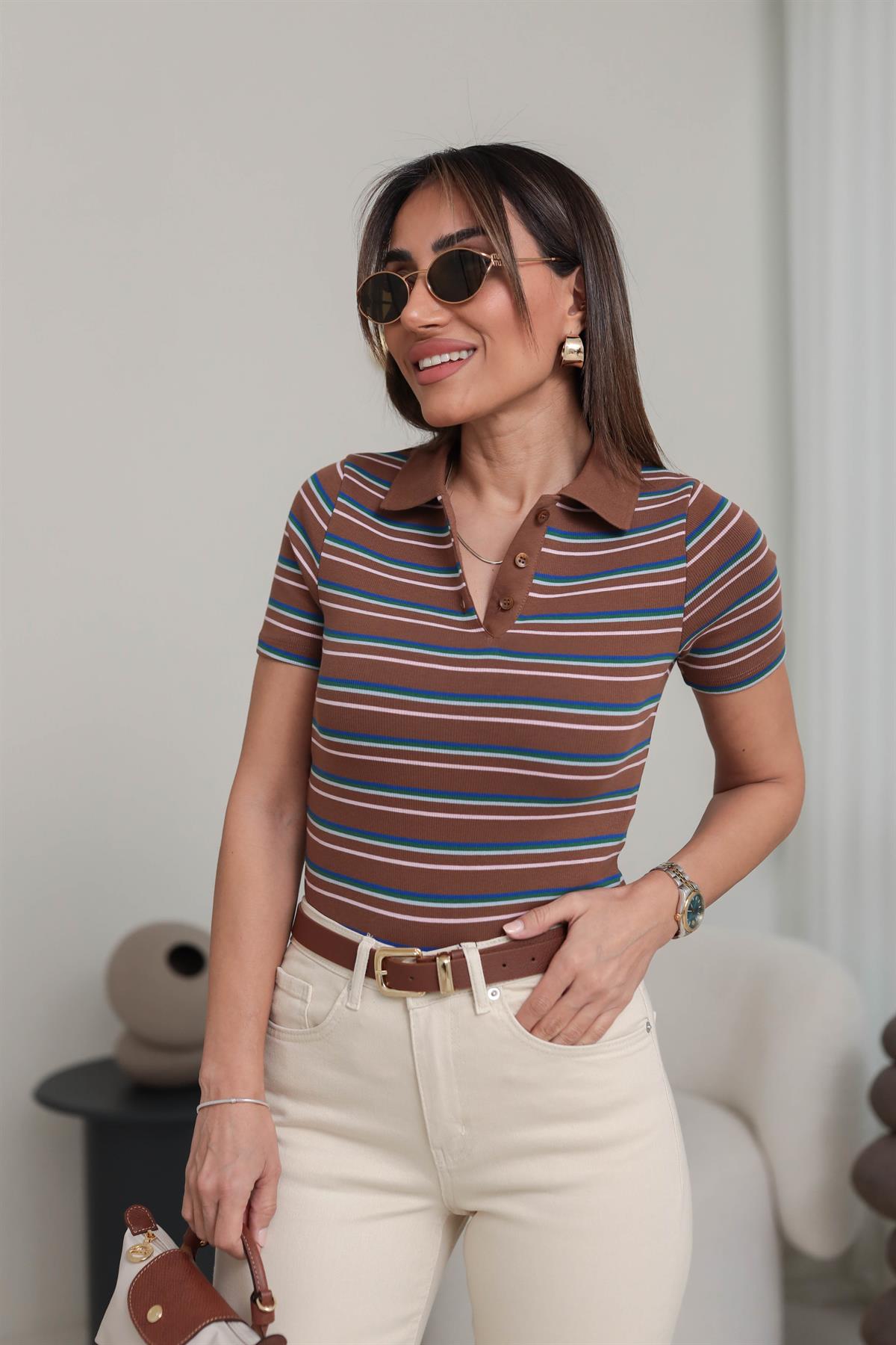 1465 Polo Yaka Renkli Çizgili Kısa Kol Triko KAHVE