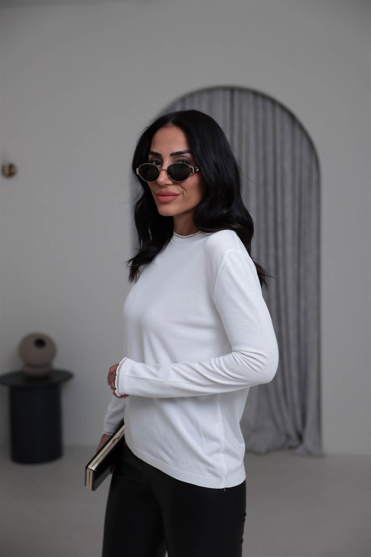 104 Yaka Kol Fırfır Detay Viskon Triko Bluz EKRU