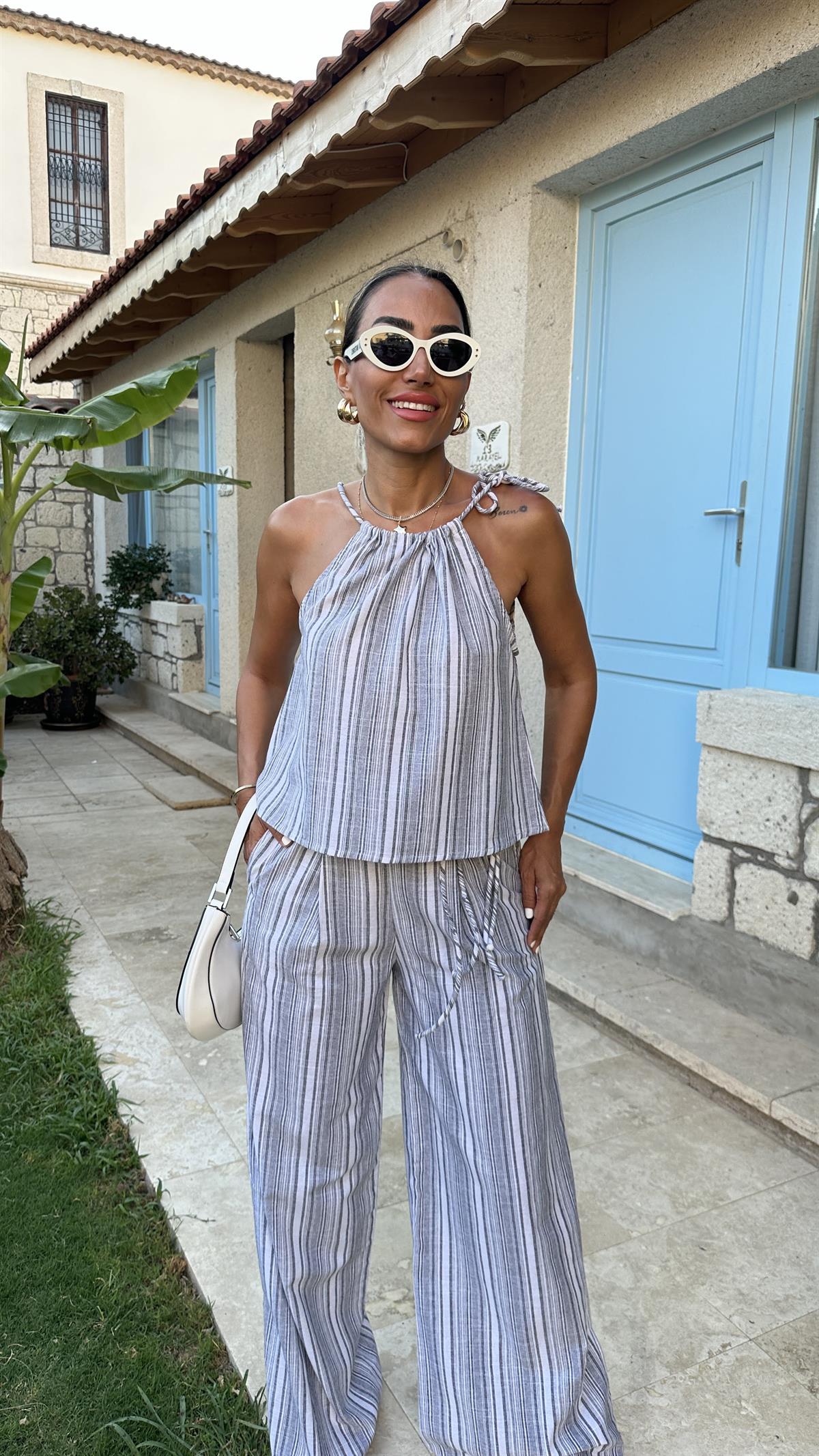 6347 Boyundan Bağlamalı Bluz Pantolon Takım