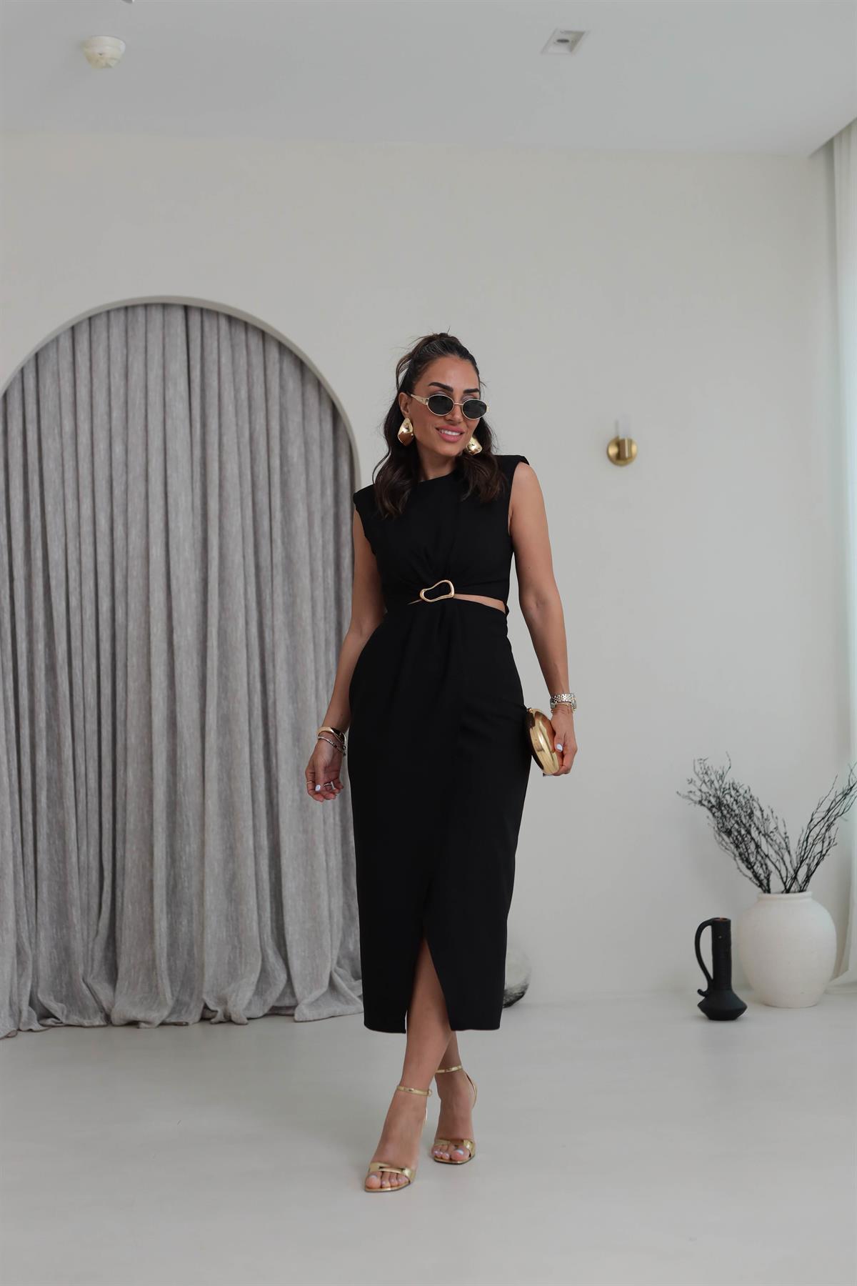 3755 Sıfır Kol  Bel Dekolteli Gold Tokalı Midi Elbise SİYAH