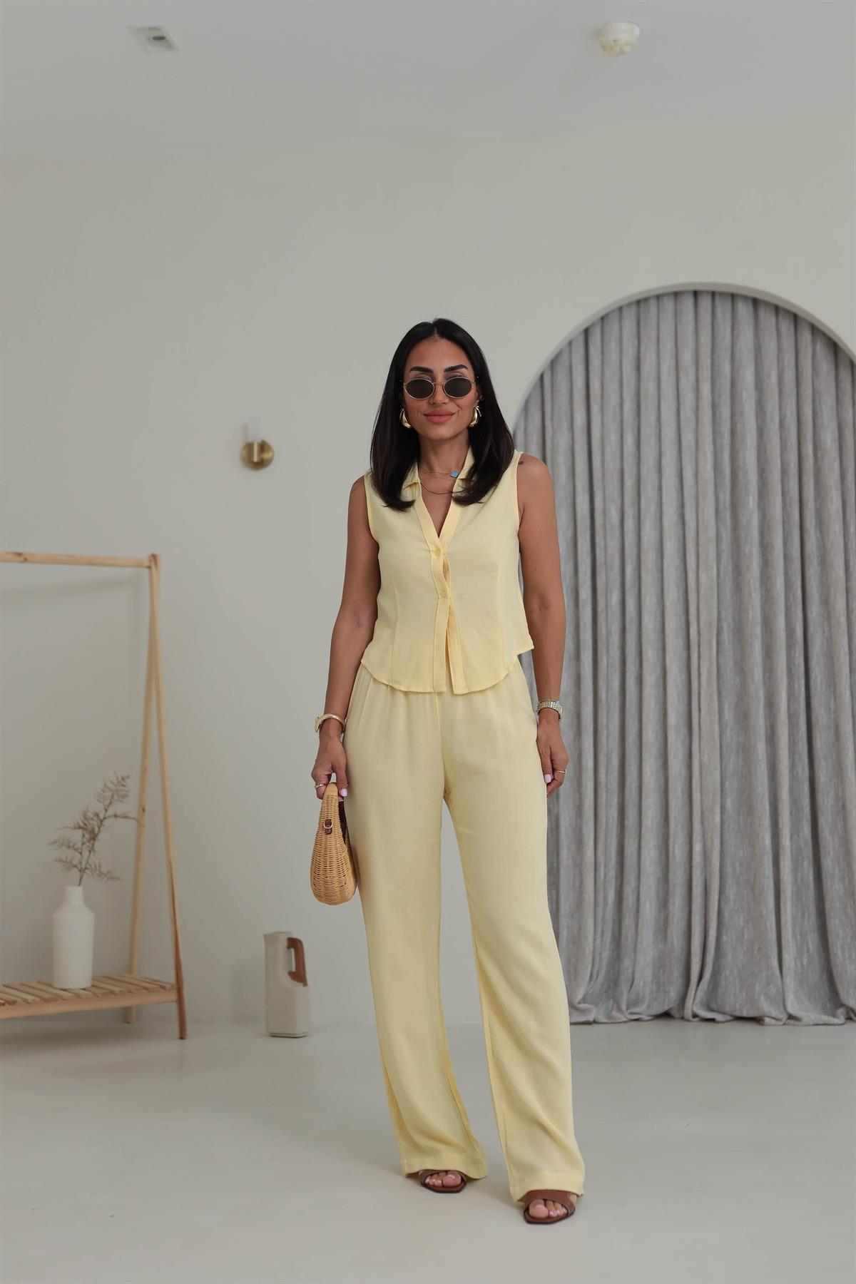 0474 Polo Yaka Yelek & Pantolon Keten Takım SARI