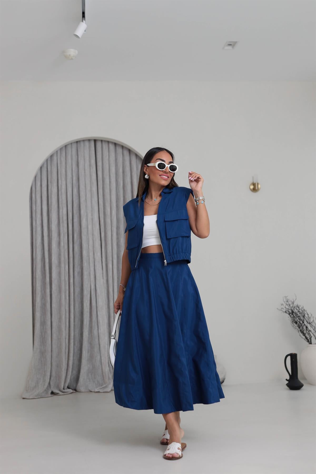 6147 Fermuar Detaylı Cepli Etek Yelek Takım LACİVERT