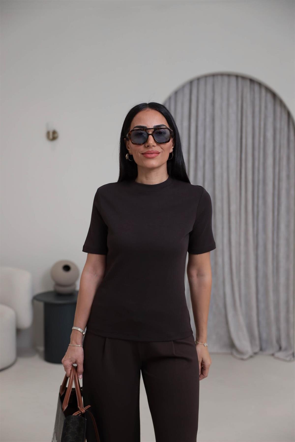 1075 Bisiklet Yaka Pamuklu Basic Tshirt ACI KAHVE