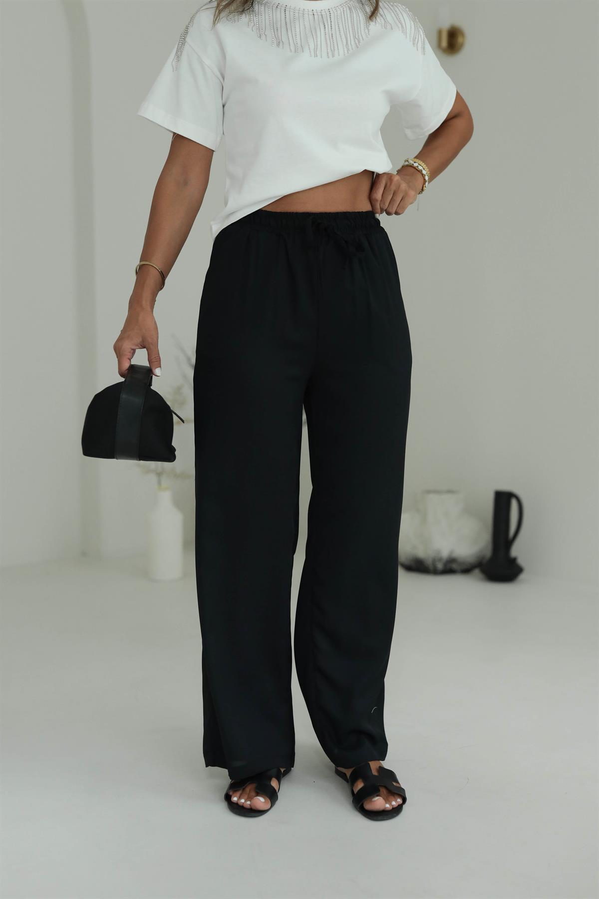 8779 Beli Lastikli Bol Paça Pantolon SİYAH