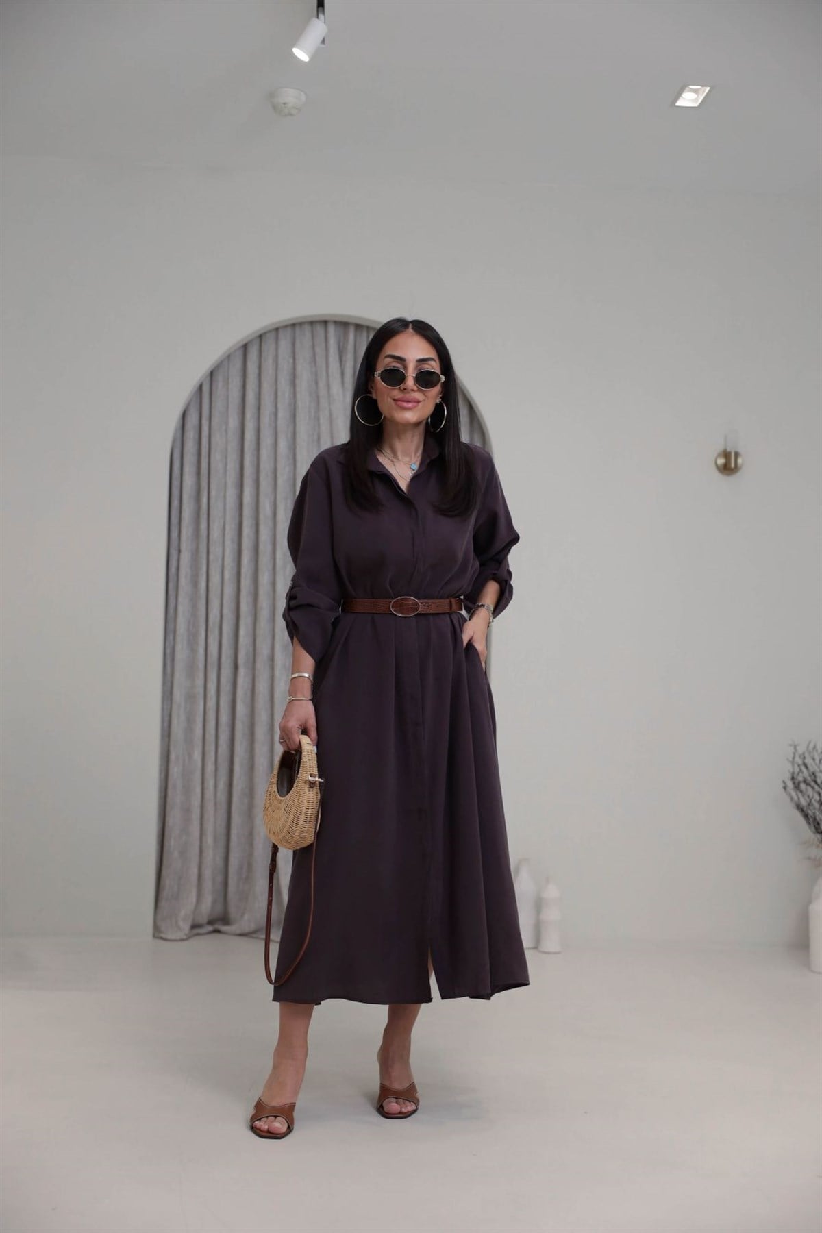 3270 Kemer Detaylı Tencel Kumaş Gömlek Elbise MÜRDÜM