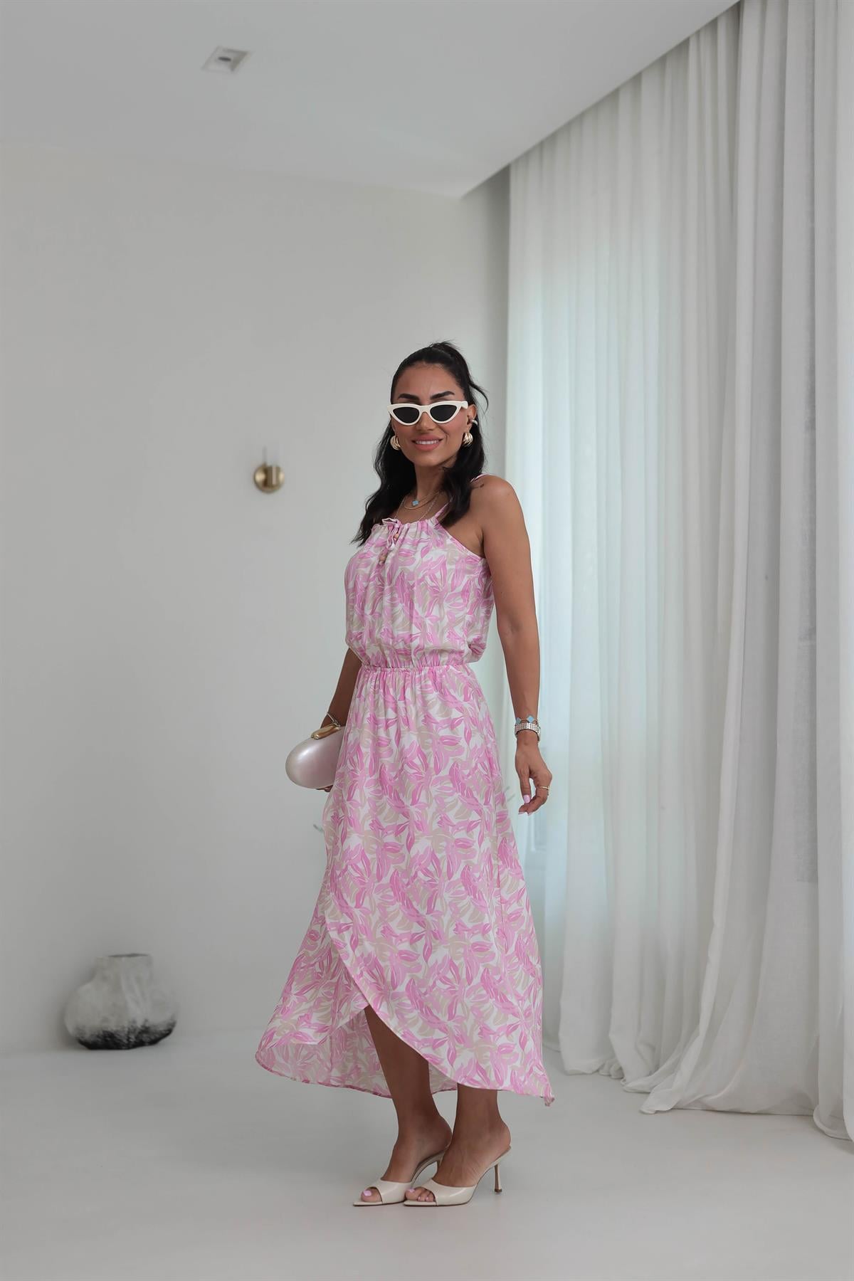 7298 Boncuk Detay Bağlamalı Bel Lastikli Elbise PEMBE