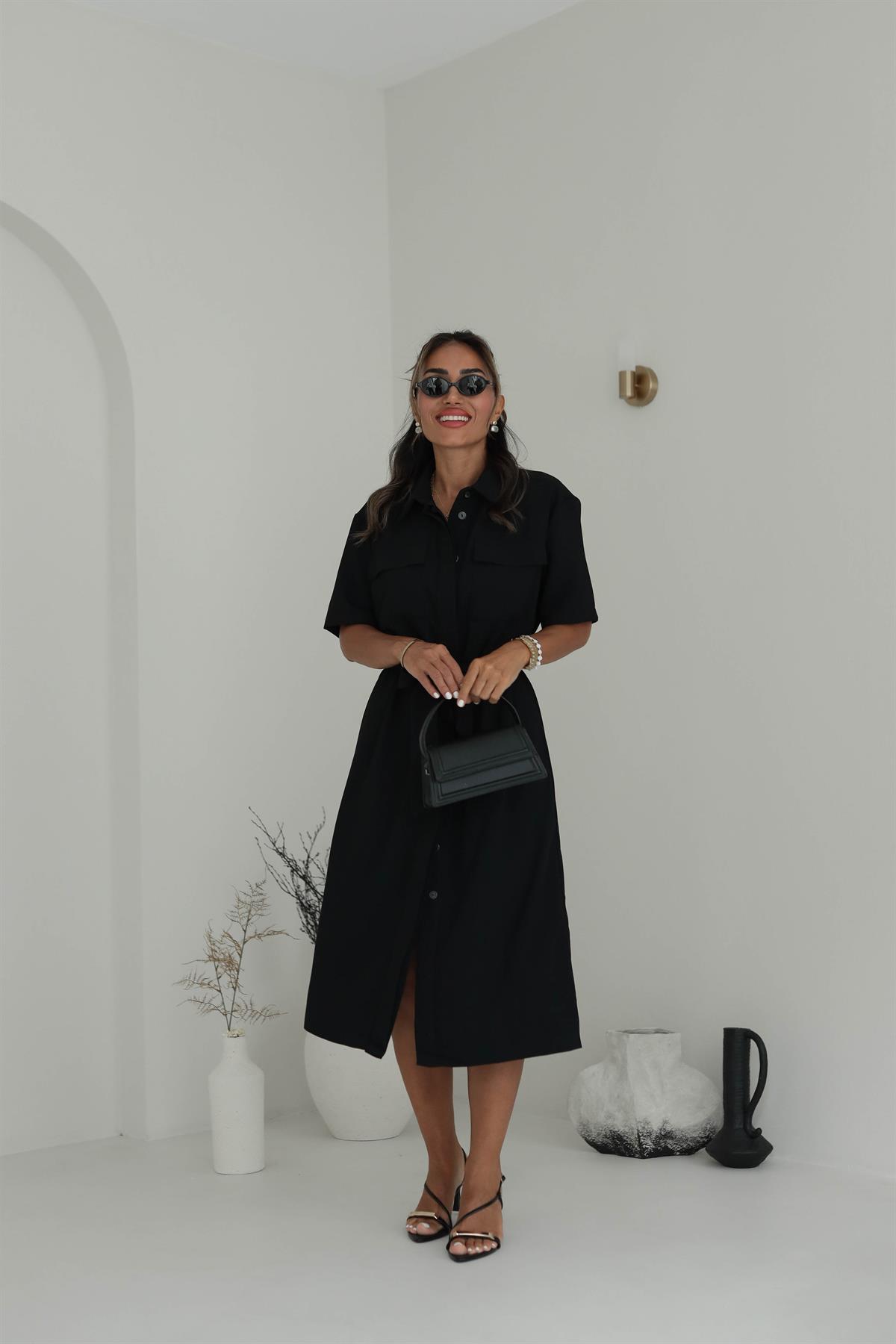 Önden Düğmeli Kuşaklı Gömlek Elbise