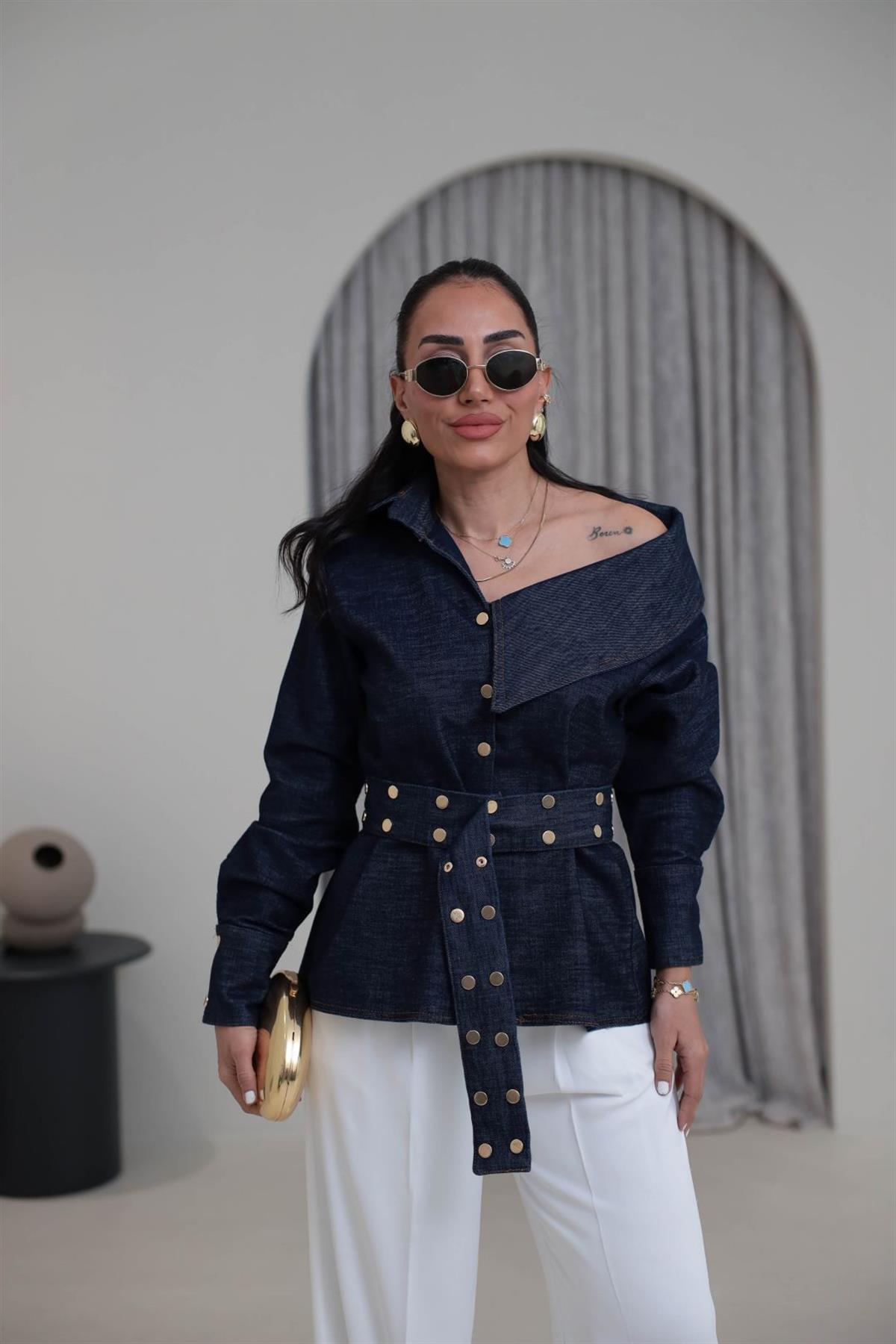 7027 Tasarım Kuşaklı Asimetrik Kot Gömlek LACİVERT