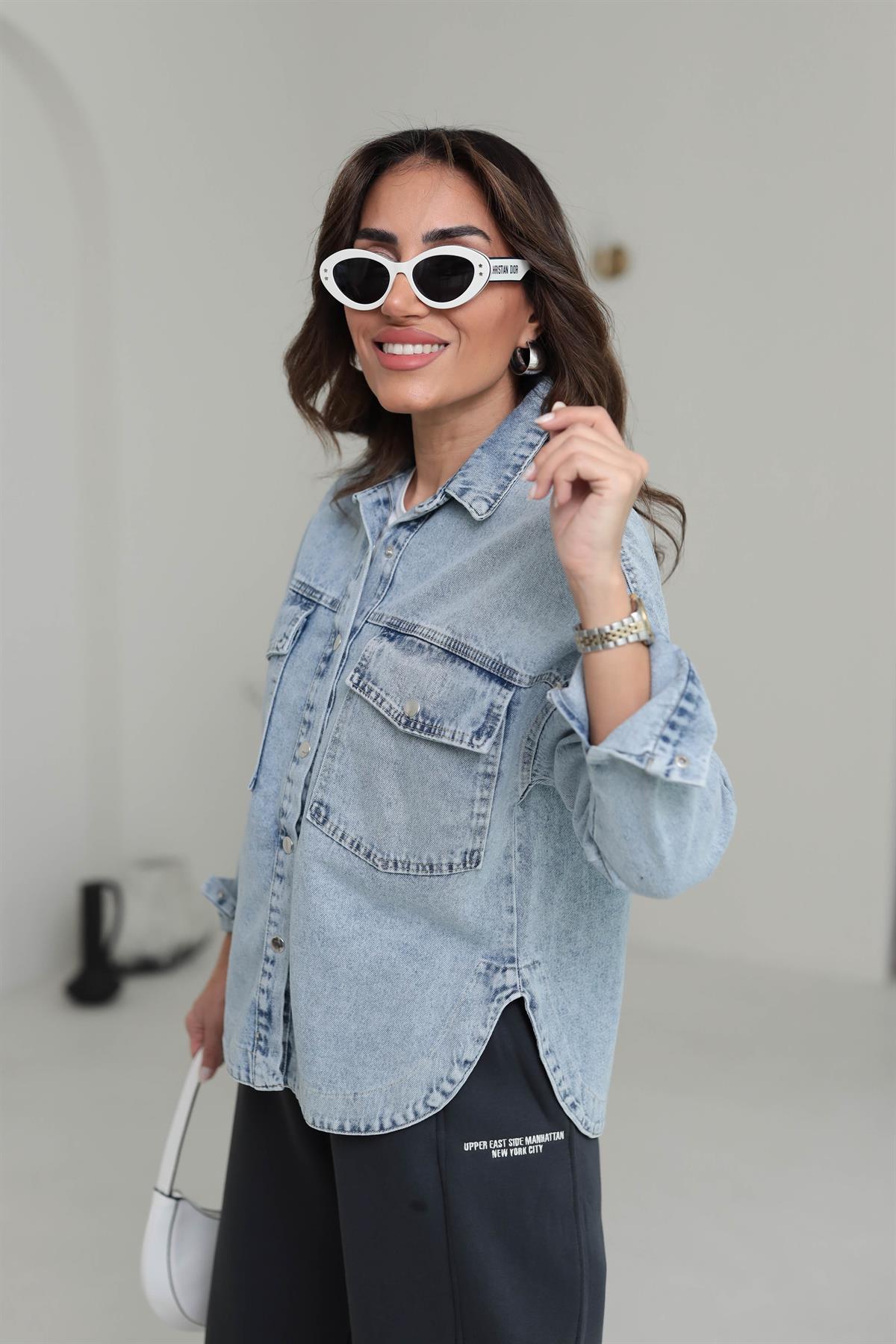 3406 Önden Çıtçıt Düğmeli Kot Ceket AÇIK MAVİ