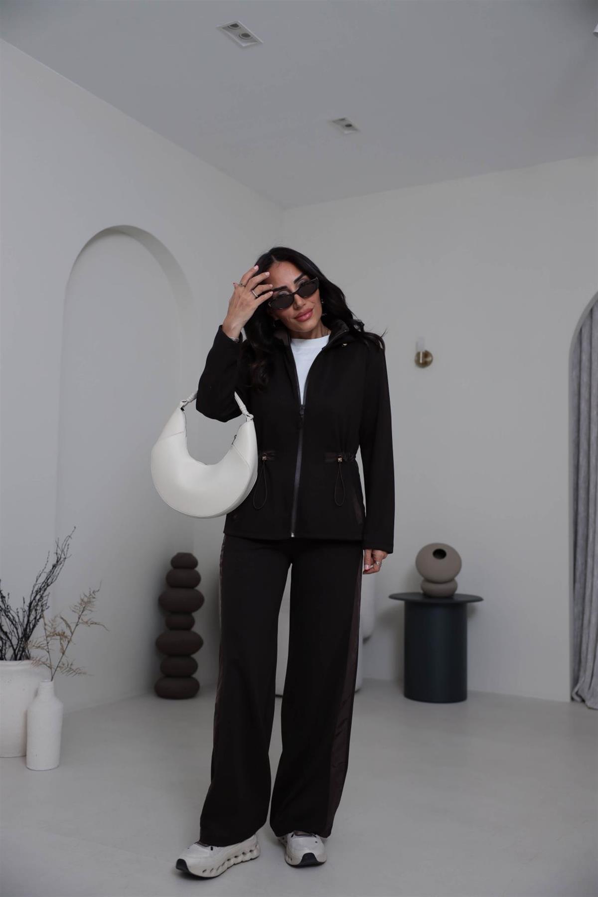 6933 Paraşüt Garnili Bel Lastikli Modal Takım KAHVE