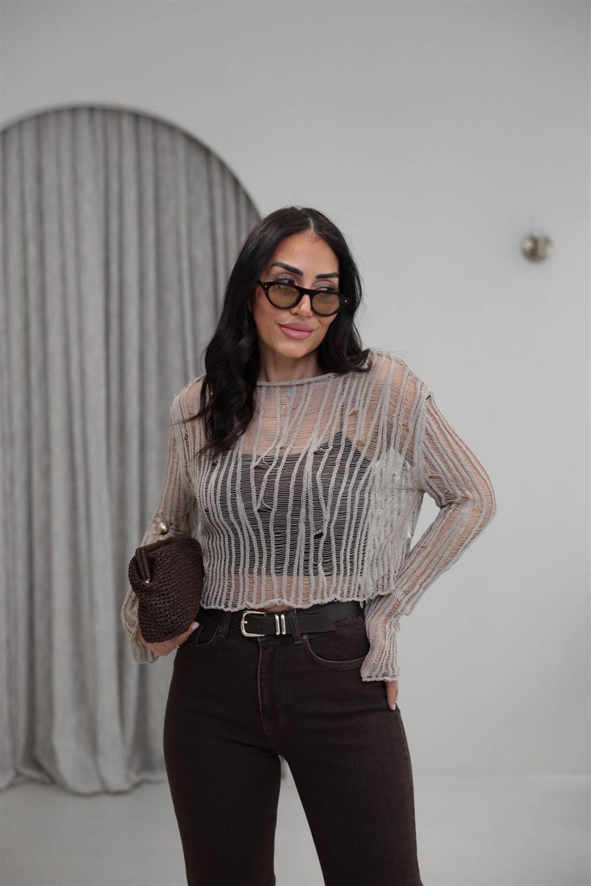 4490 Ajurlu Geniş Yaka Triko Bluz BEJ