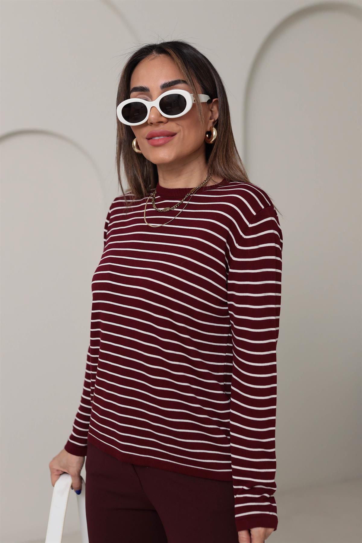 Çizgili Bisiklet Yaka Merzerize Triko BORDO