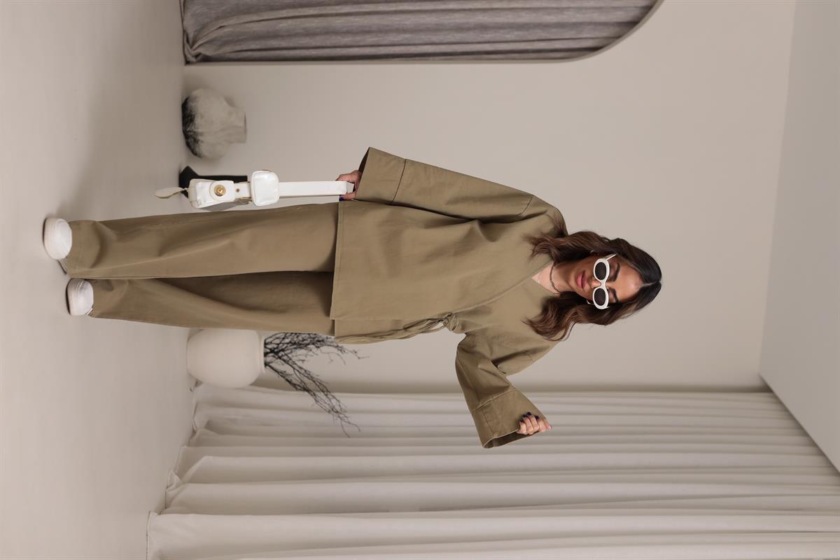 8629 Duble Kol Önden Bağlamalı Ceket & Pantolon Takım HAKİ YEŞİL