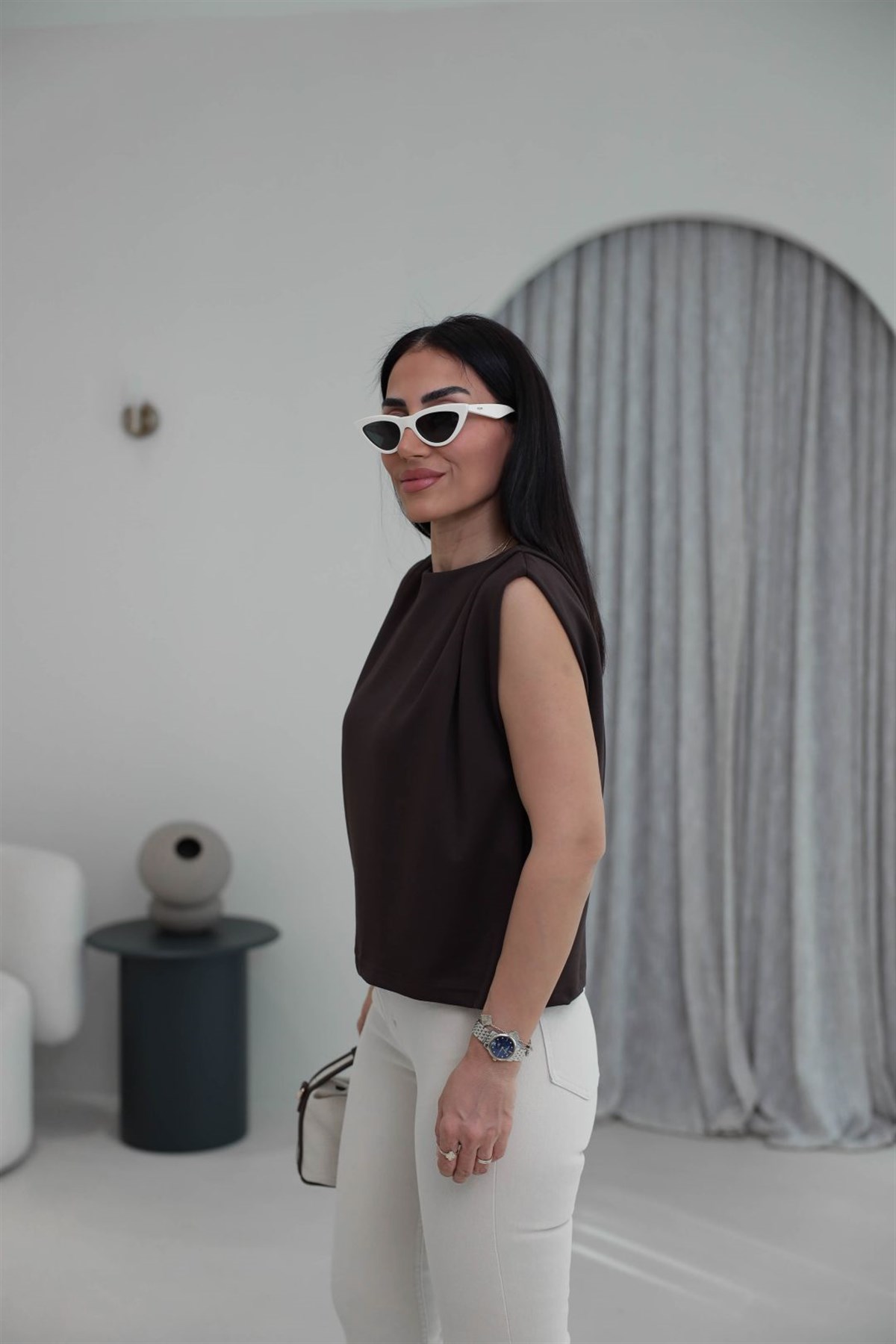 1376 Bisiklet Yaka Omzu Pileli Bluz ACI KAHVE