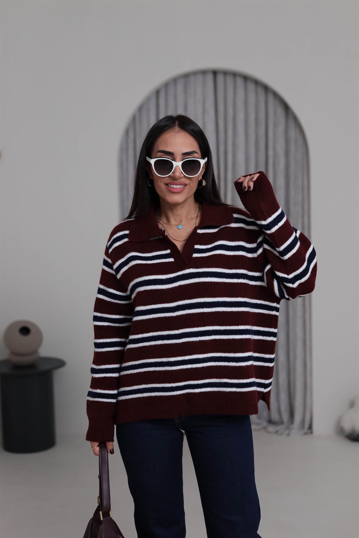 2541 Polo Yaka Çizgili Triko Kazak BORDO