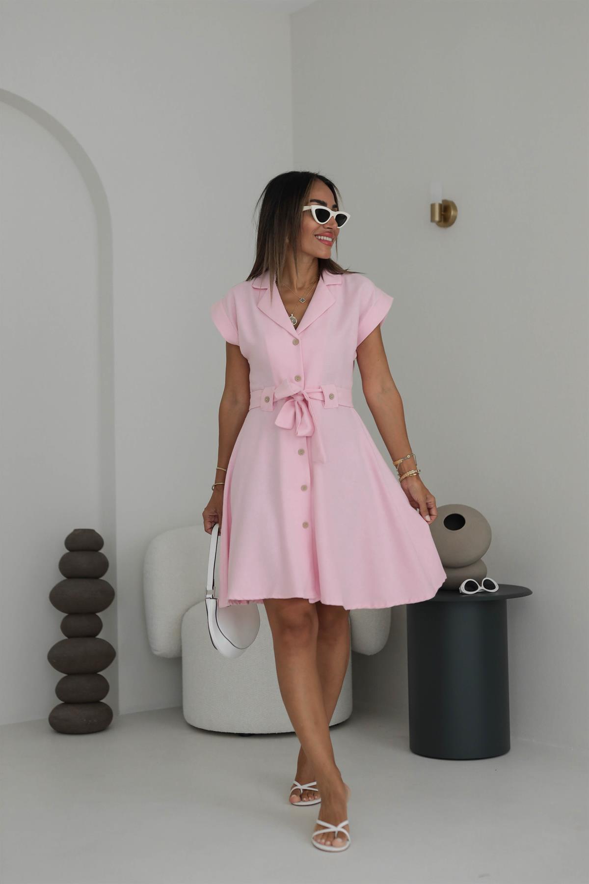 5953 Bel Kuşaklı ve Düğmeli Keten Kloş Elbise