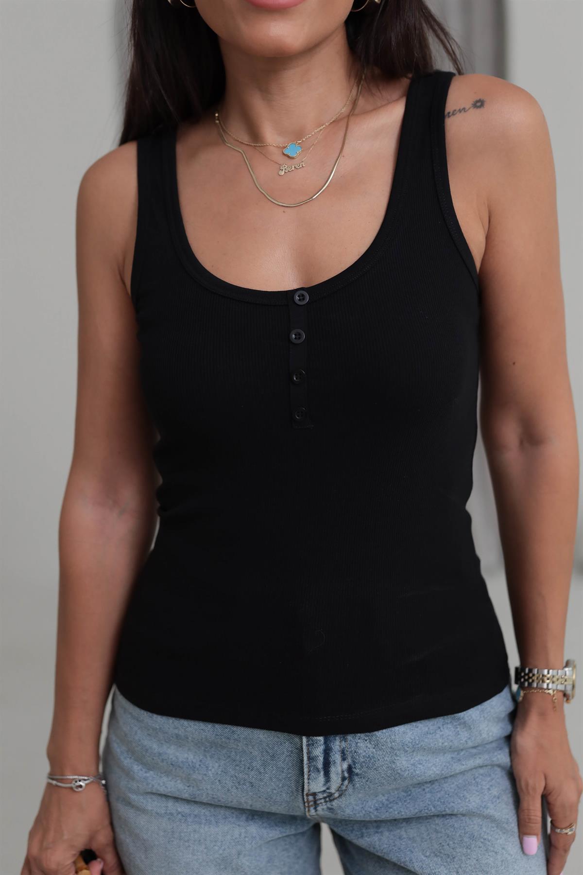 6427 Yarım Düğmeli Pamuklu Atlet SİYAH