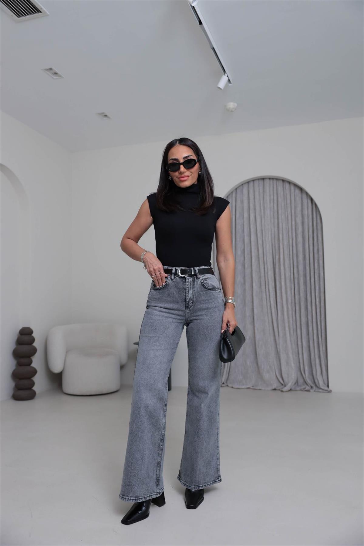 Yüksek Bel Wide Leg Jean GRİ