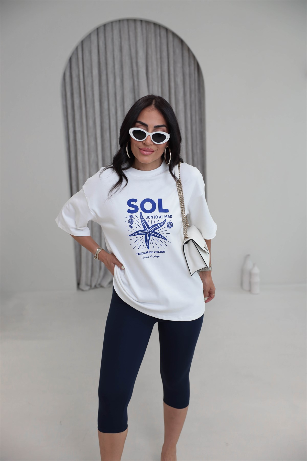 2031 Sol Deniz Yıldızı Desenli Oversize Pamuklu Tshirt EKRU