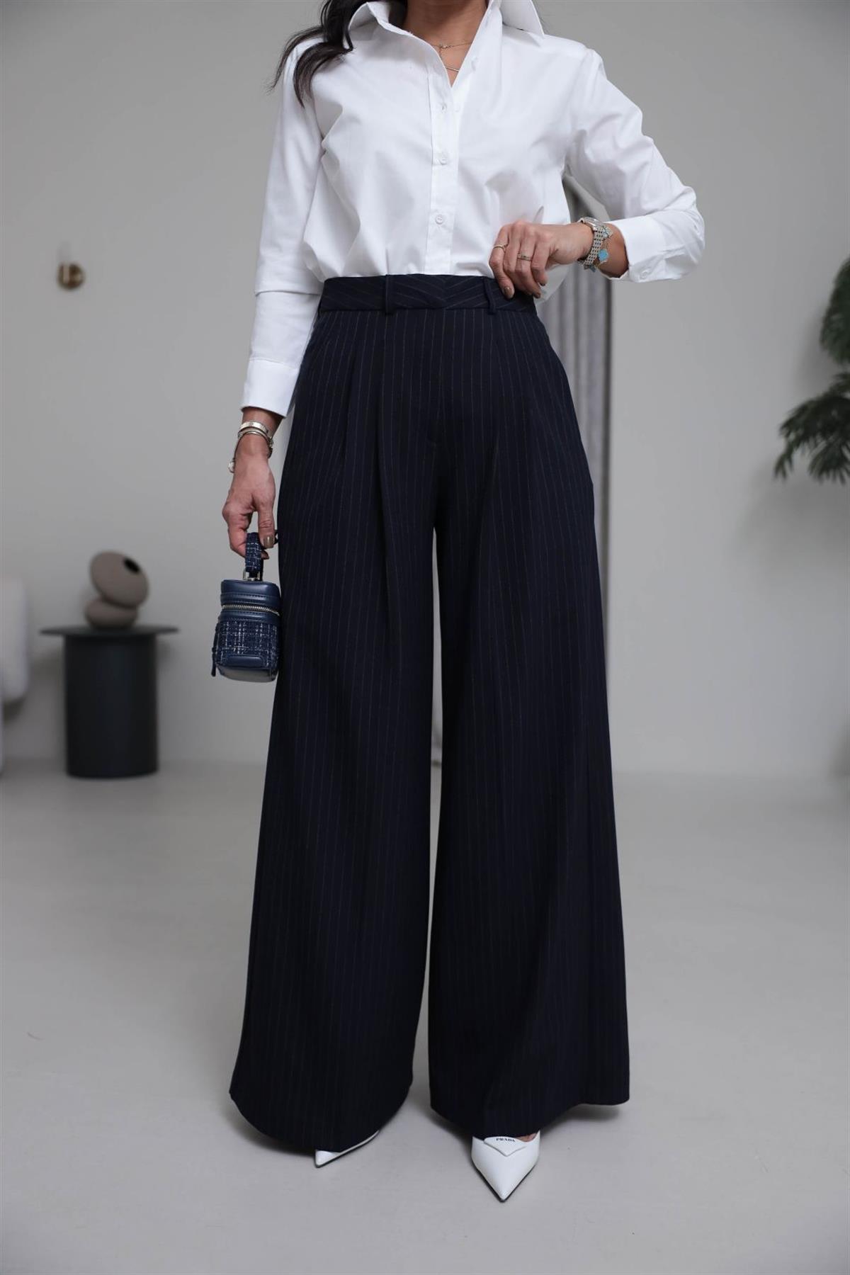 7363 Çizgili Geniş Paça Kumaş Pantolon LACİVERT