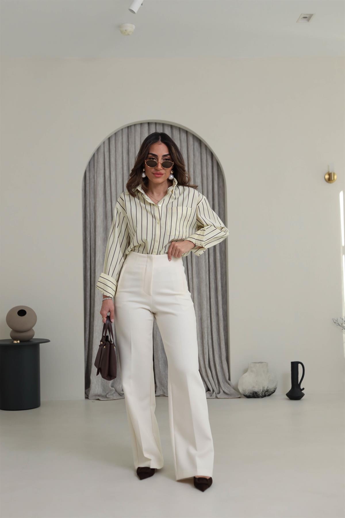 2001 Pensli Yüksek Bel Palazzo Pantolon KREM