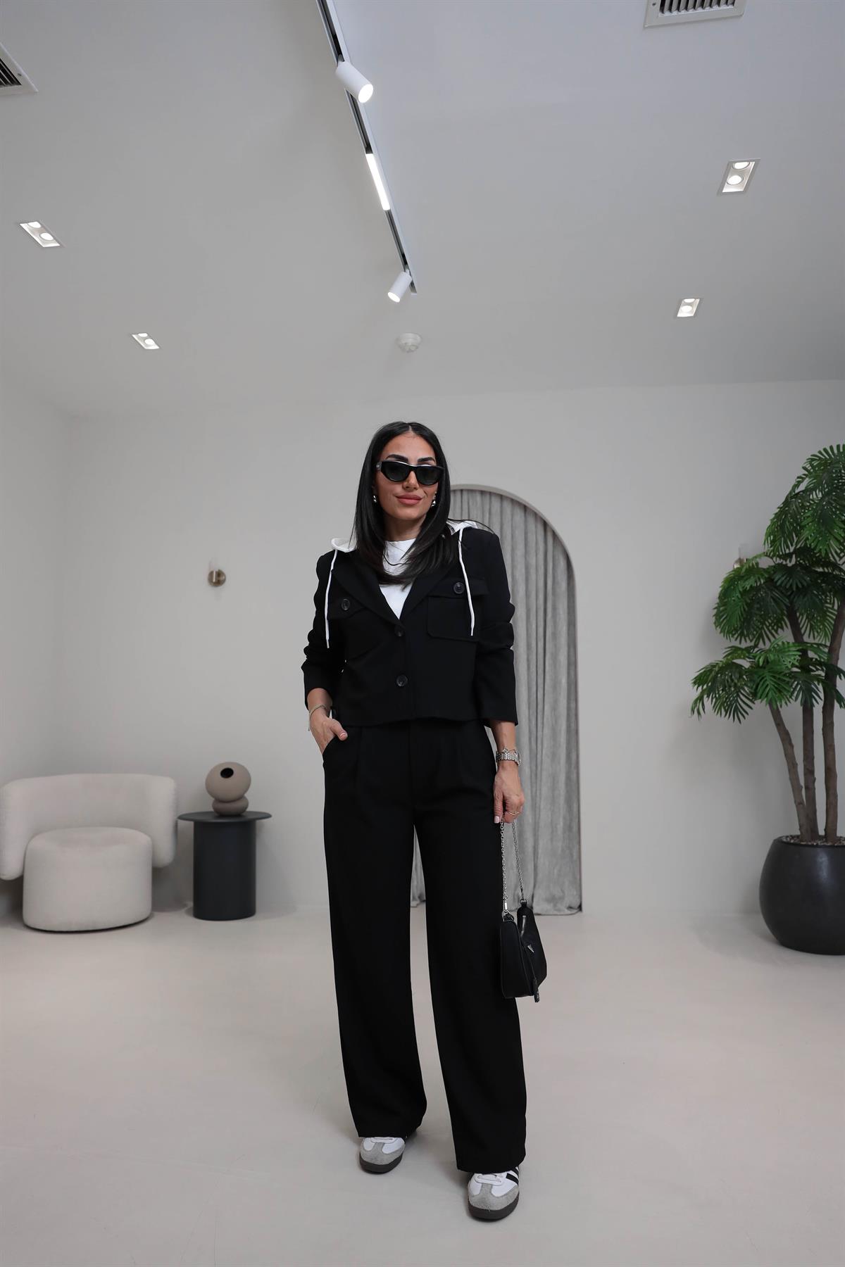 5904 Çıkarılabilir Kapşonlu Ceket Pantolon Takım SİYAH