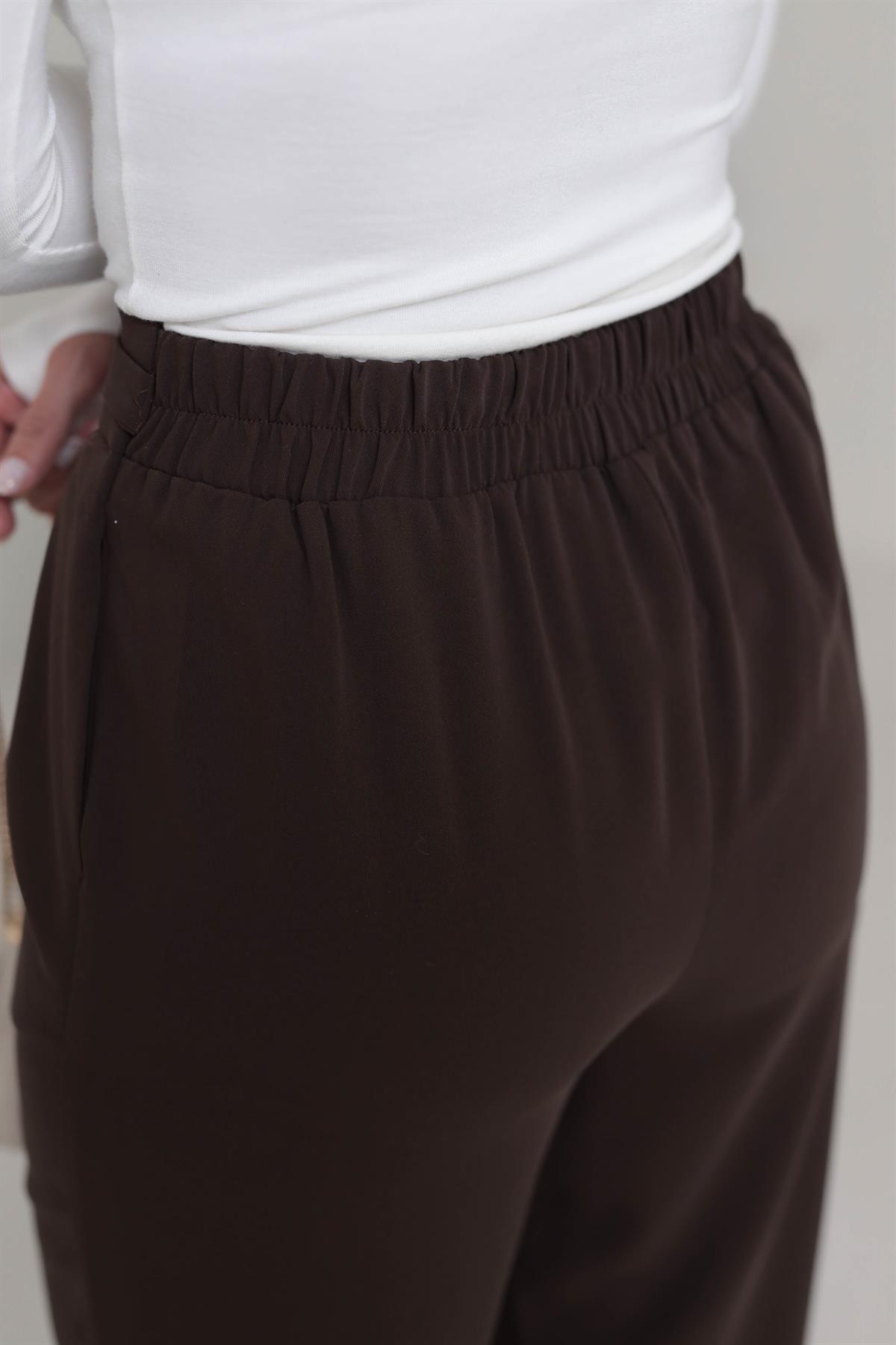 3704 Gold Aksesuarlı Bel Lastikli Salaş Pantolon KAHVE