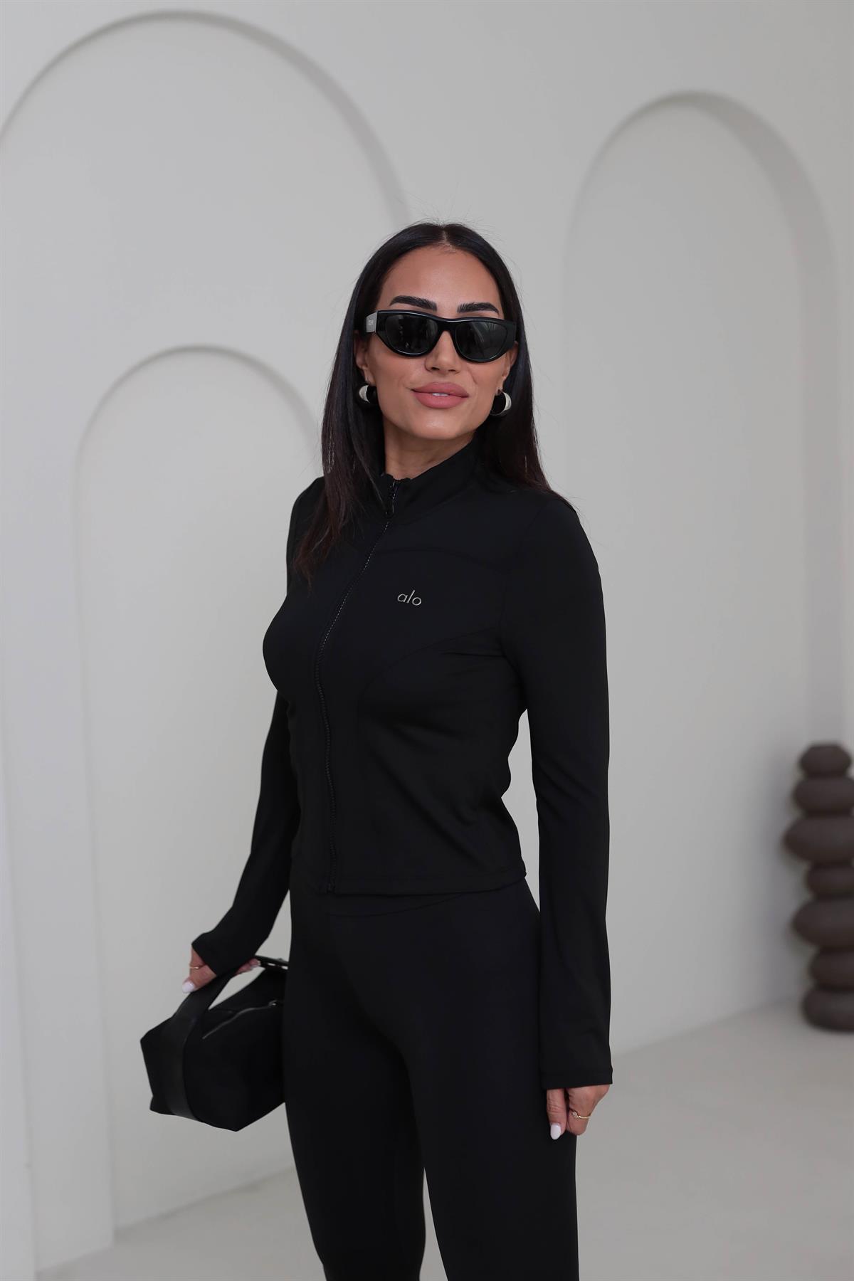 T001 Yazı Baskılı Fermuarlı Spor Ceket SİYAH