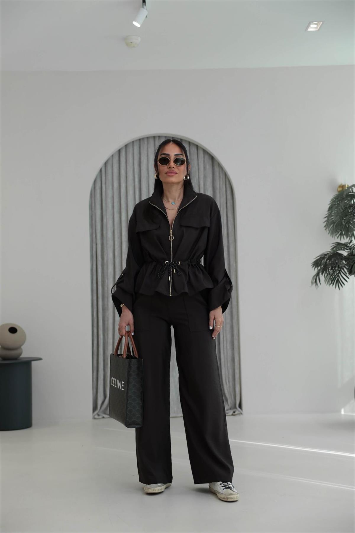 0650 Dik Yaka Gold Fermuarlı Cep Detaylı Paraşüt Kumaş Takım ACI KAHVE