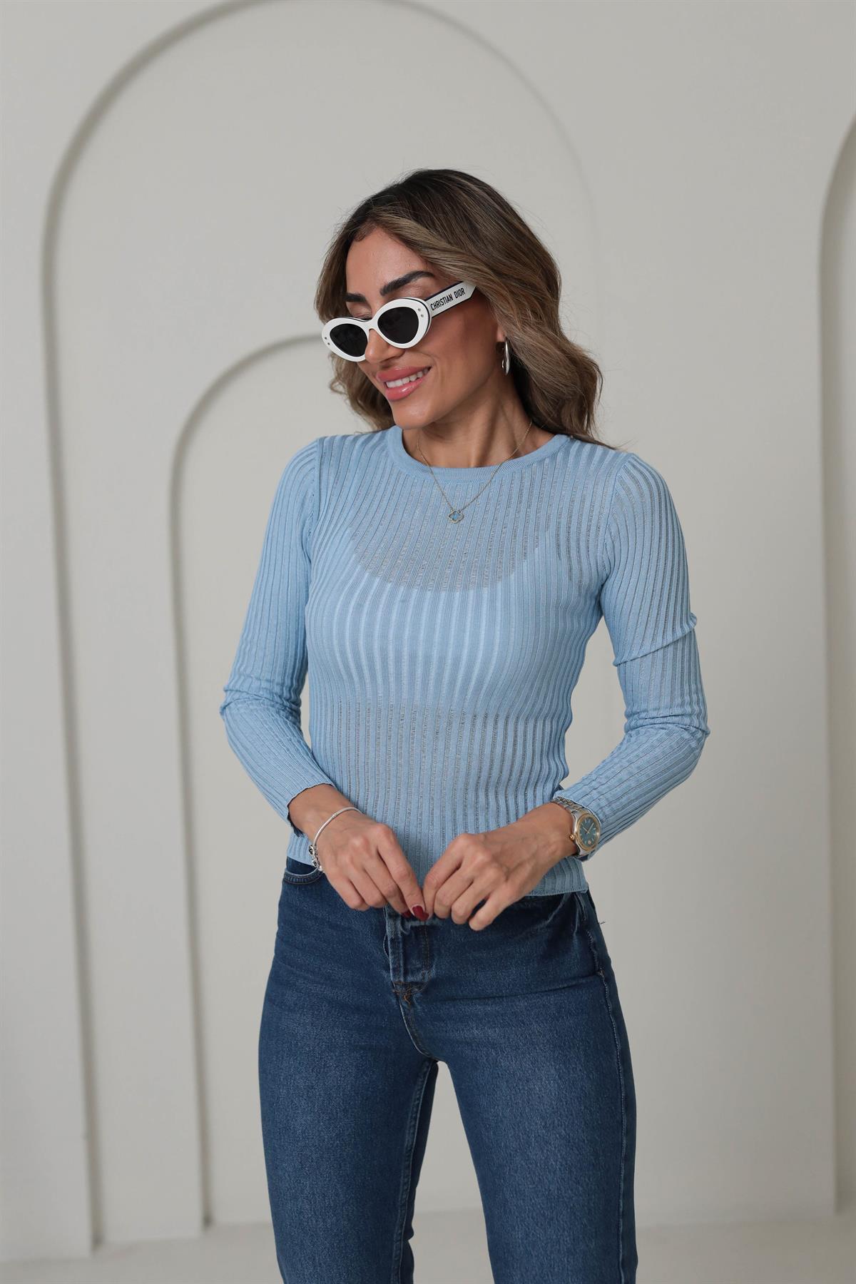 4107 Transparan Detaylı Triko Bluz BEBE MAVİ