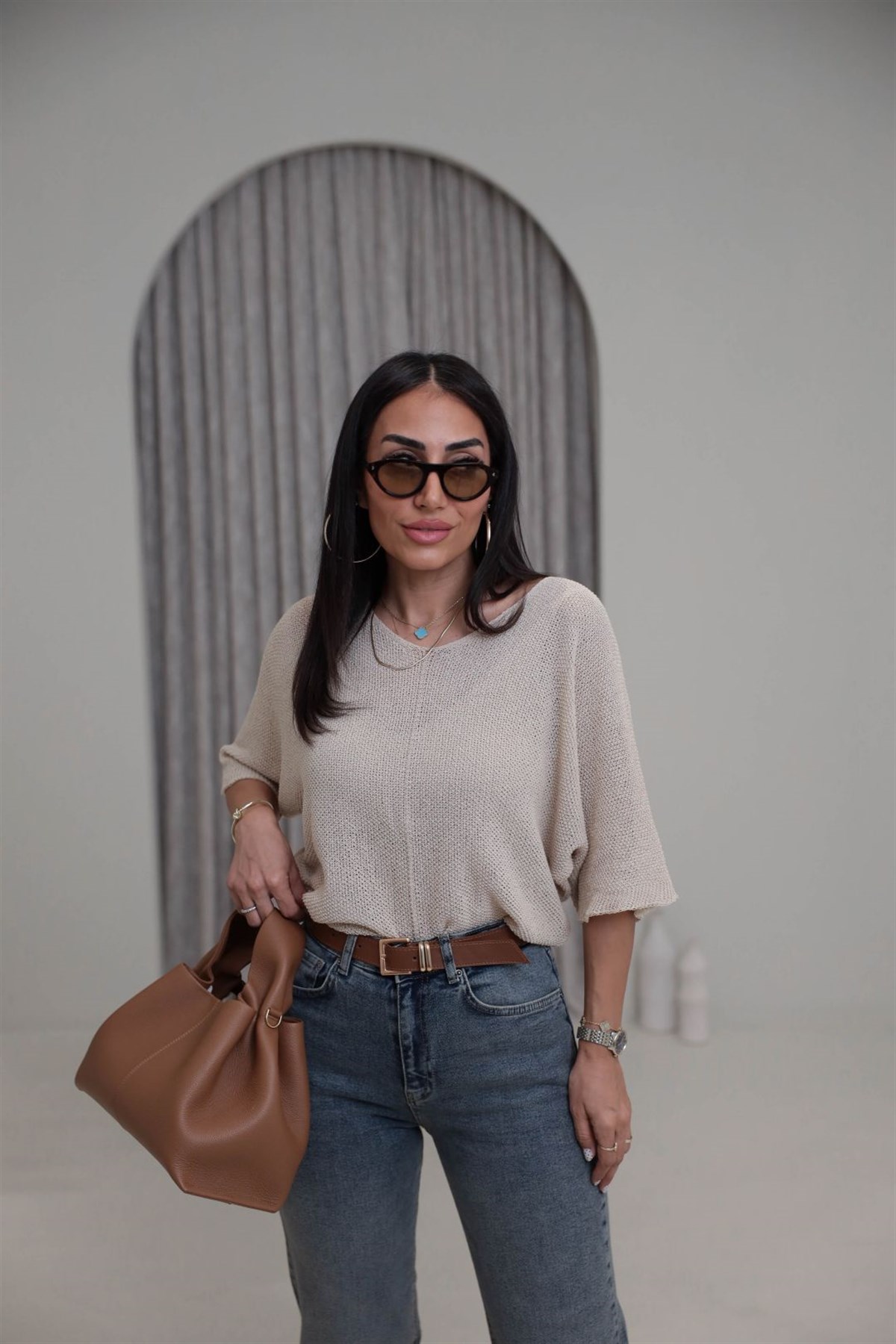 0174 Ajurlu Yarasa Kol Bluz BEJ