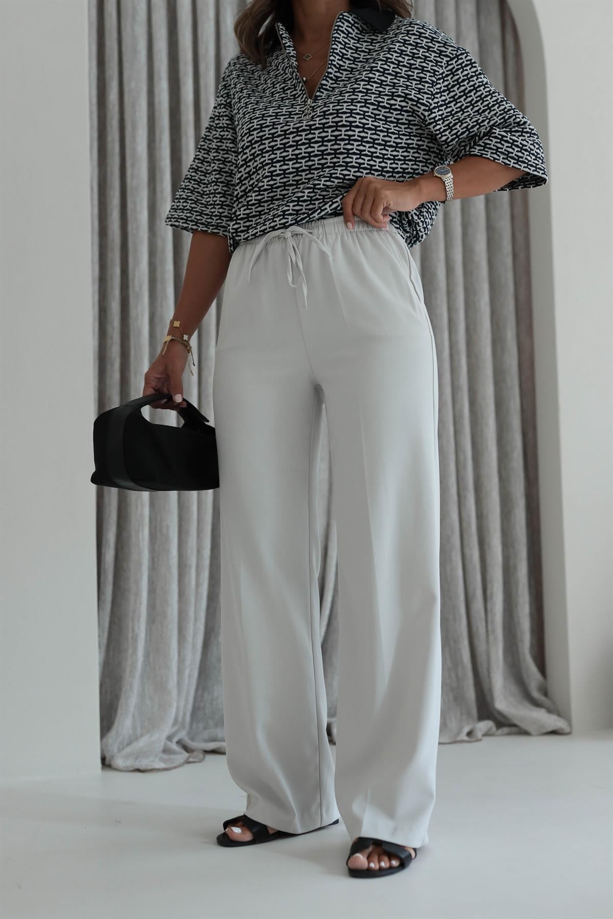 6054 Kemeri Lastikli Dokuma Kumaş Pantolon TAŞ