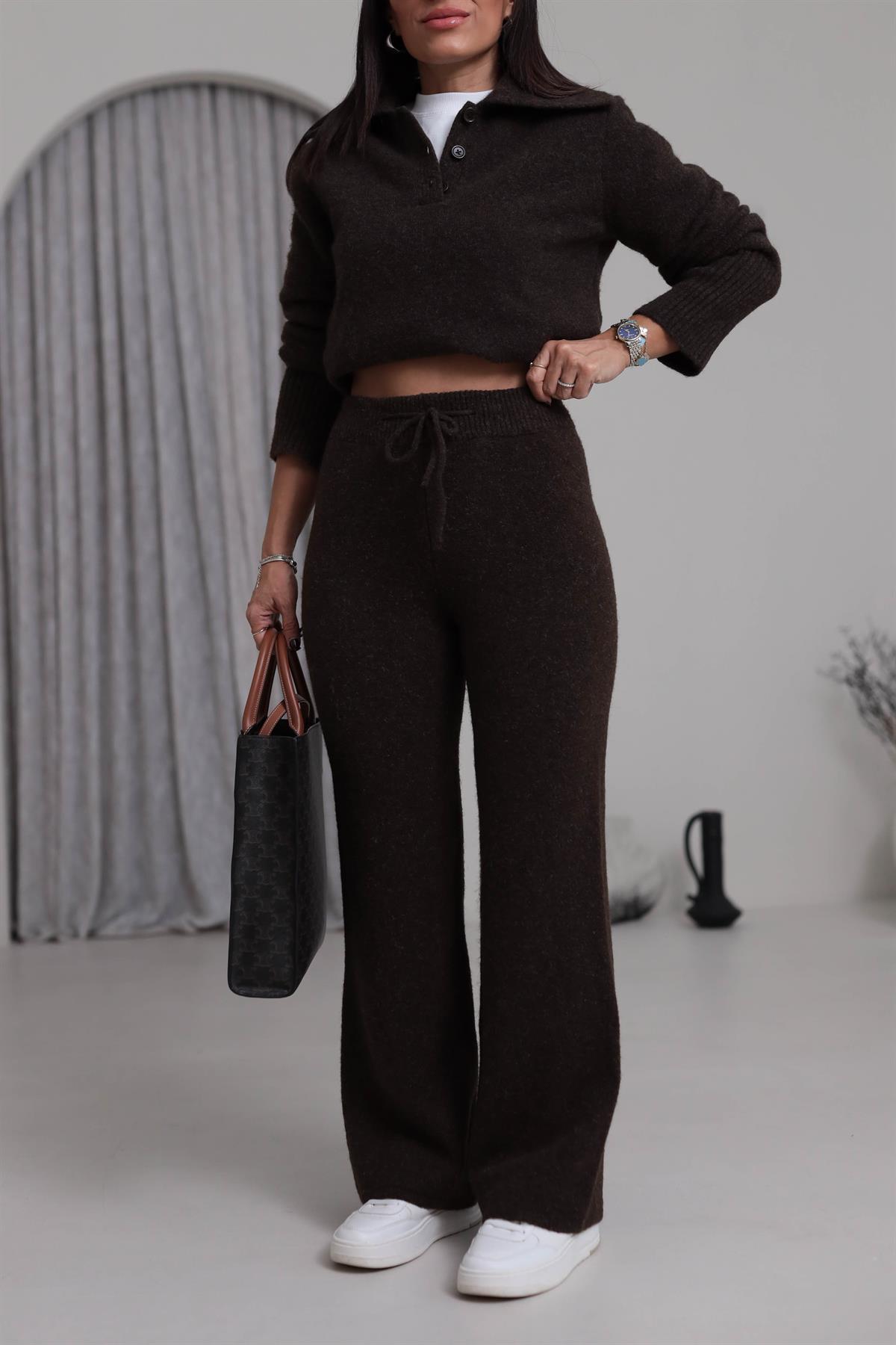 5051 Bağcıklı Triko Pantolon ACI KAHVE