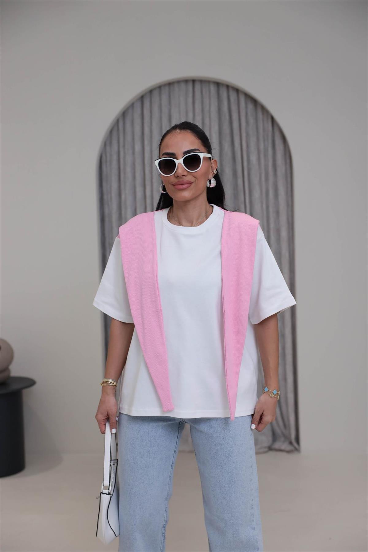 0688 Şal Detaylı Pamuklu Tshirt PEMBE