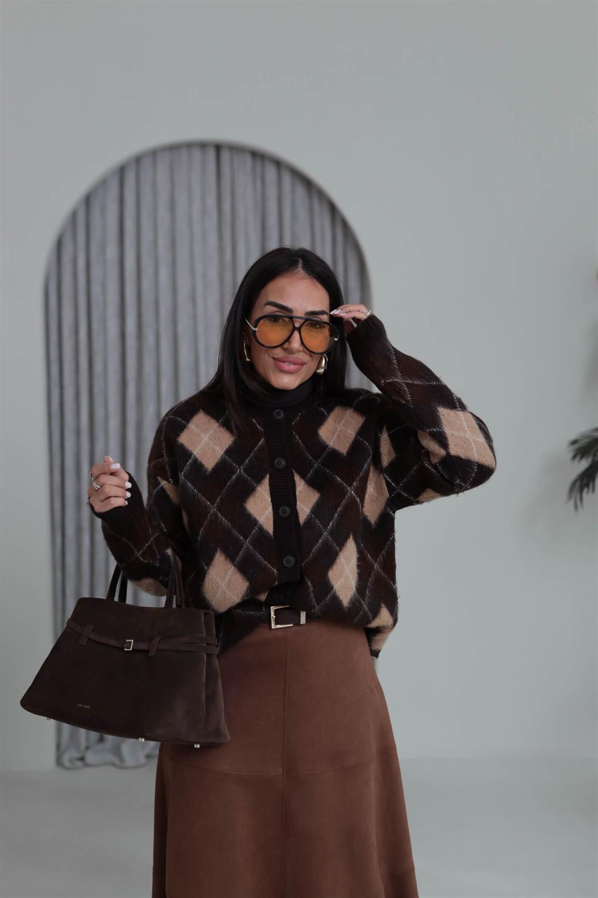 6902 Bisiklet Yaka Baklava Desen Hırka KAHVE