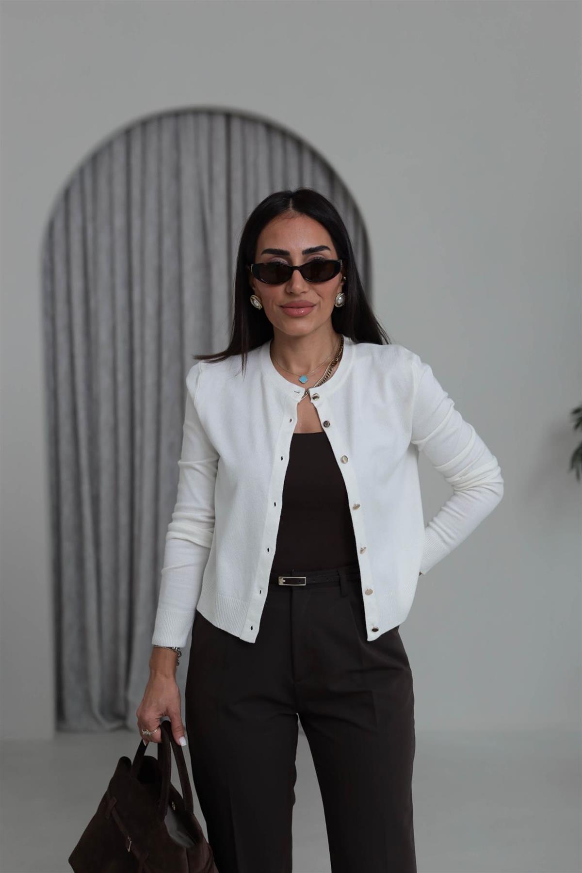 587 Gold Düğme Detaylı İnce Triko Hırka EKRU