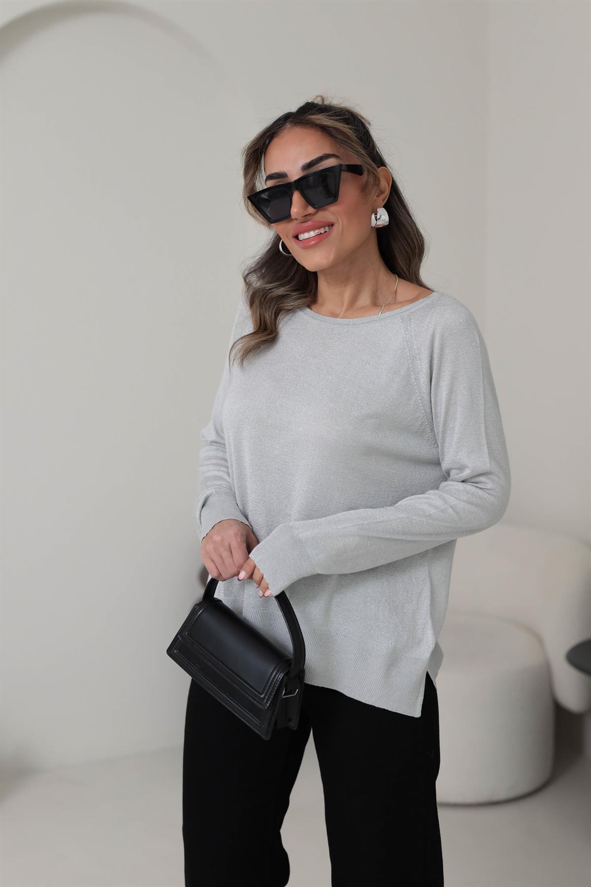 0557 Bisiklet Yaka Simli Basic İnce Triko AÇIK GRİ