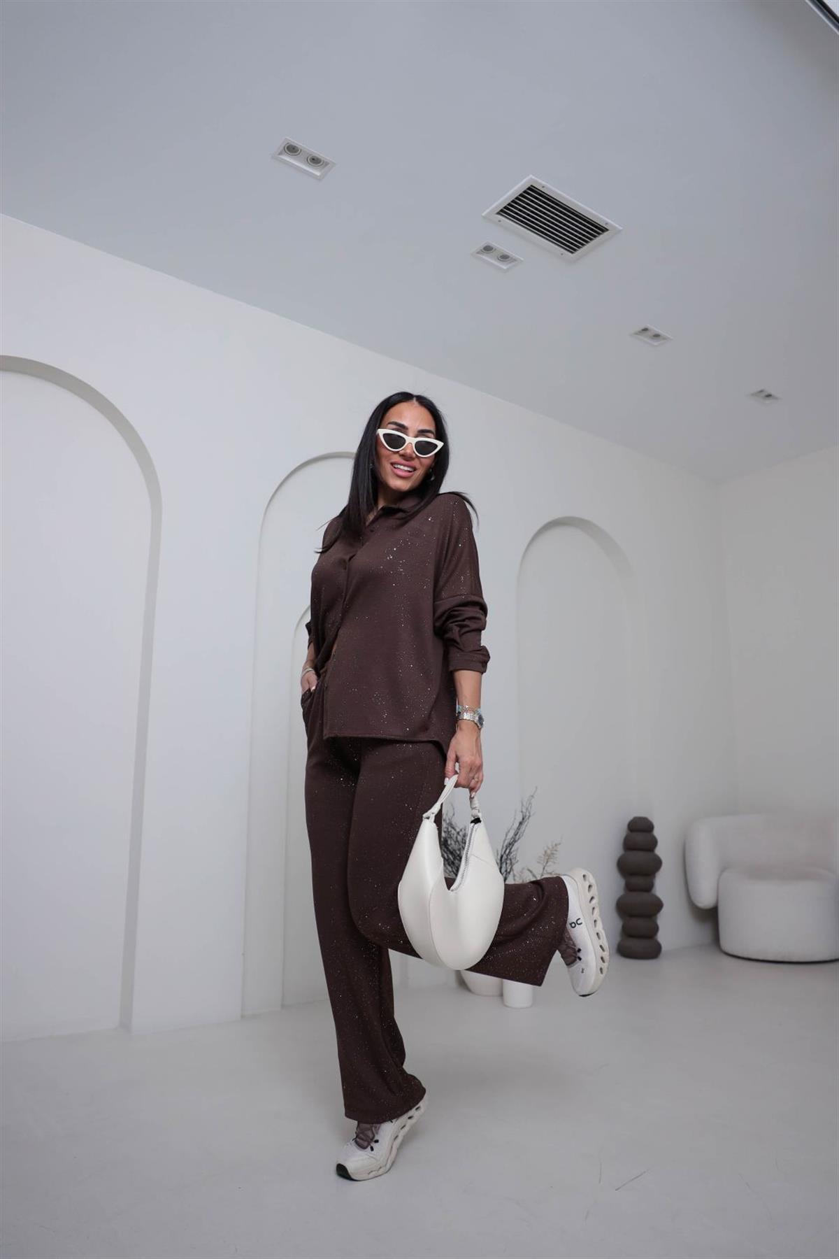 2524  Sim Geçişli Gömlek Pantolon Takım KAHVE