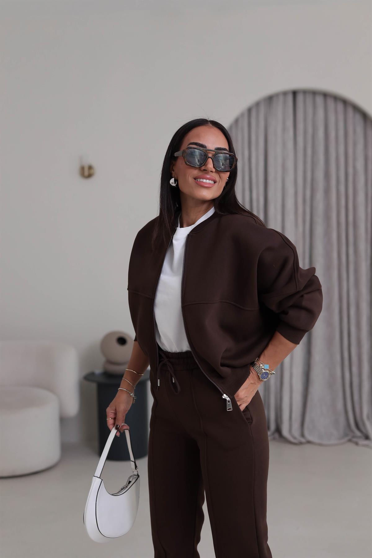 7085 Viral Bomber Ceketli 3 İplik Şardonlu Takım ACI KAHVE