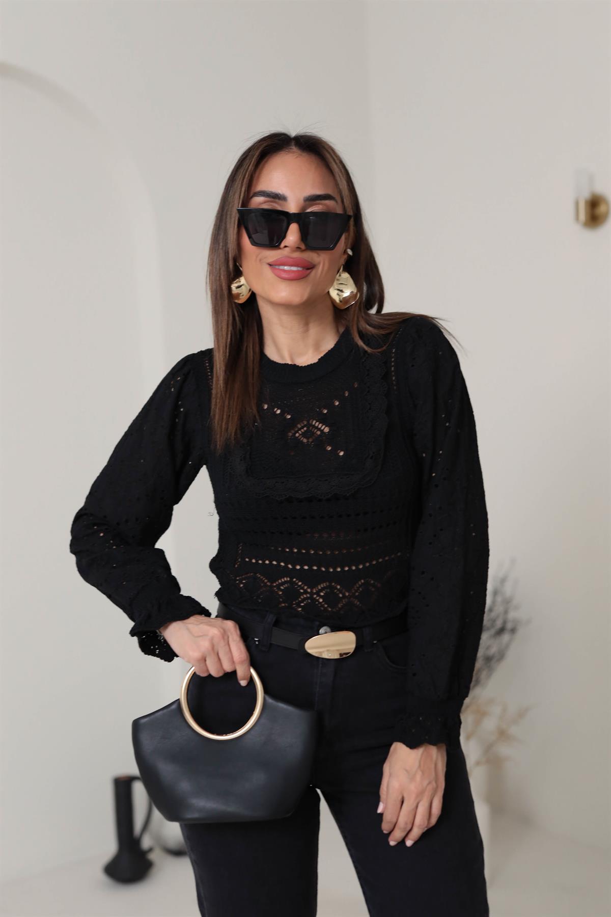 8058 Kol Fisto Detaylı Ajurlu Bluz SİYAH