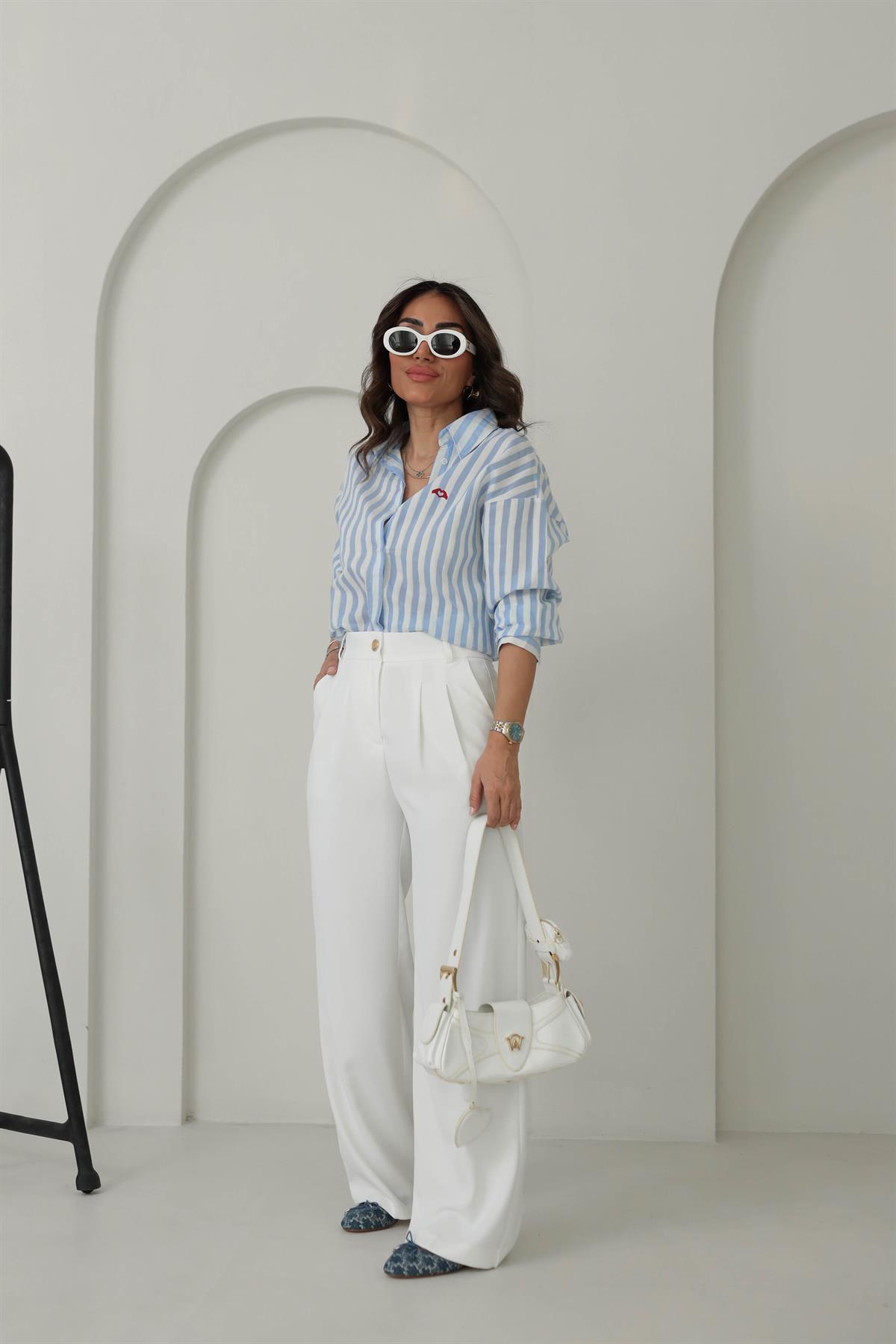 7053 Çizgili Kalp Nakışlı Cotton Gömlek MAVİ