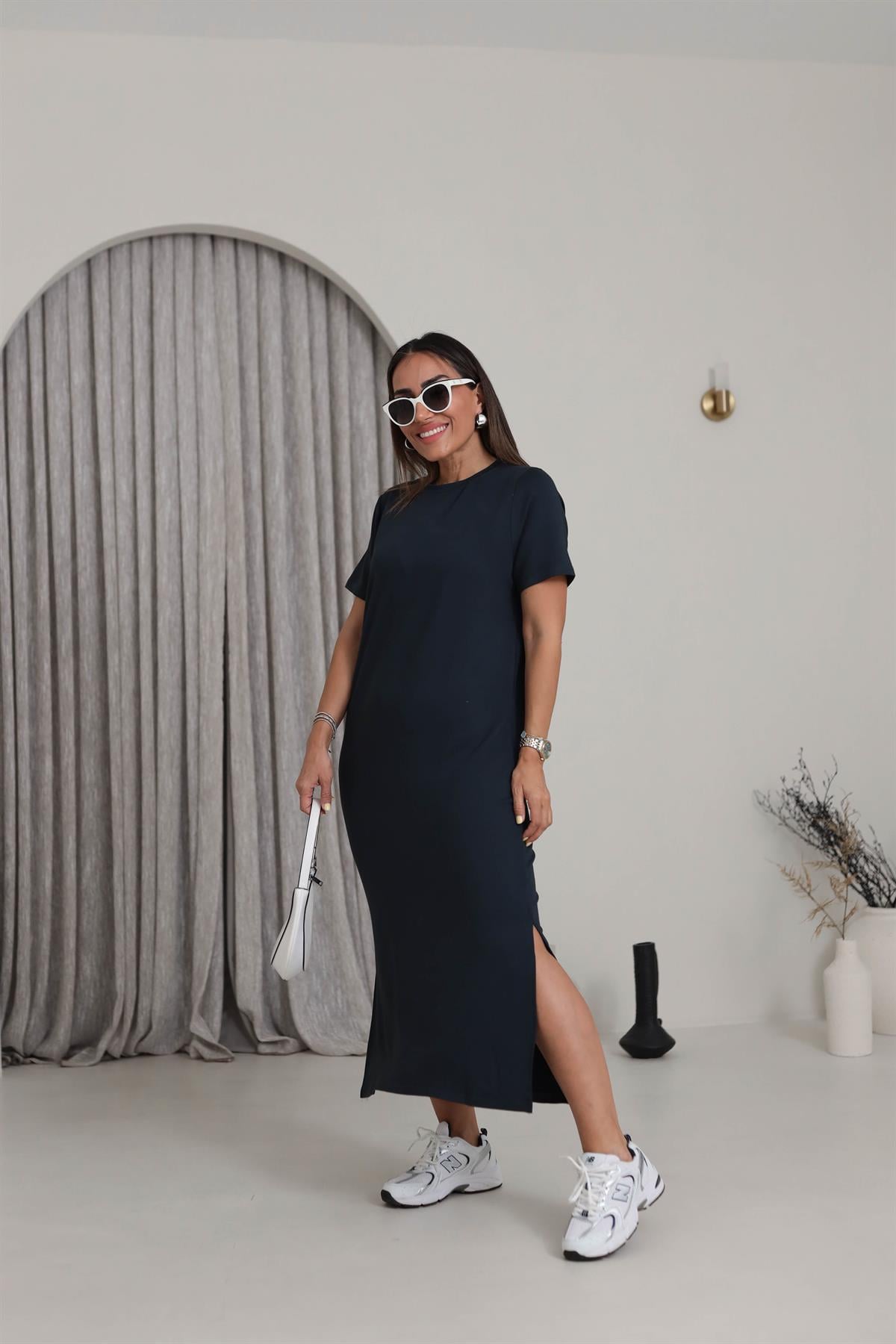 116 Bisiklet Yaka Kısa Kol Yırtmaçlı Modal Elbise ANTRASİT