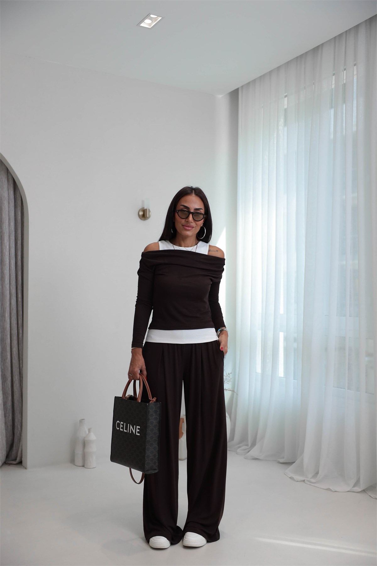 2779 Atlet Detaylı Dökümlü Bluz Pantolon Takım ACI KAHVE