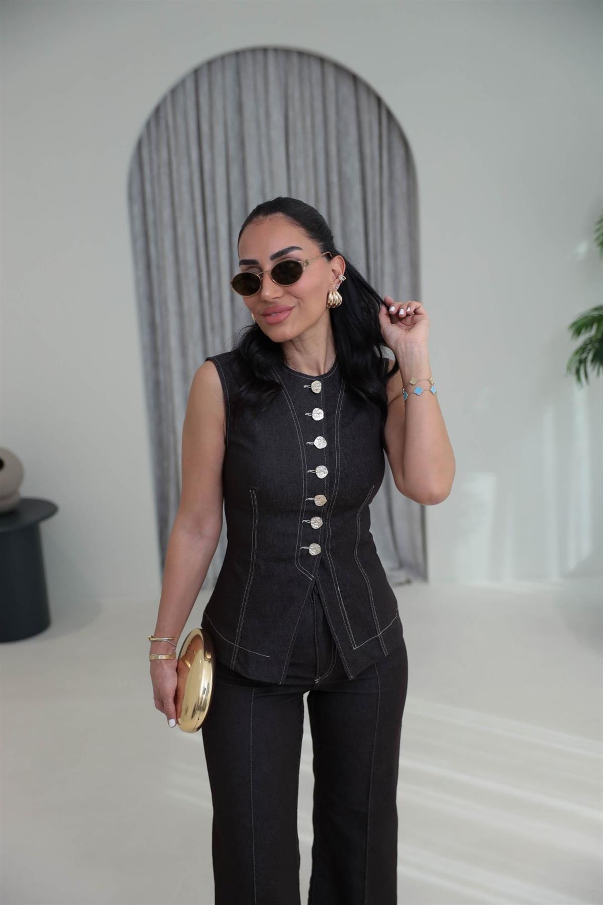 8053 Gold Düğmeli Yelekli Likralı Takım KAHVE