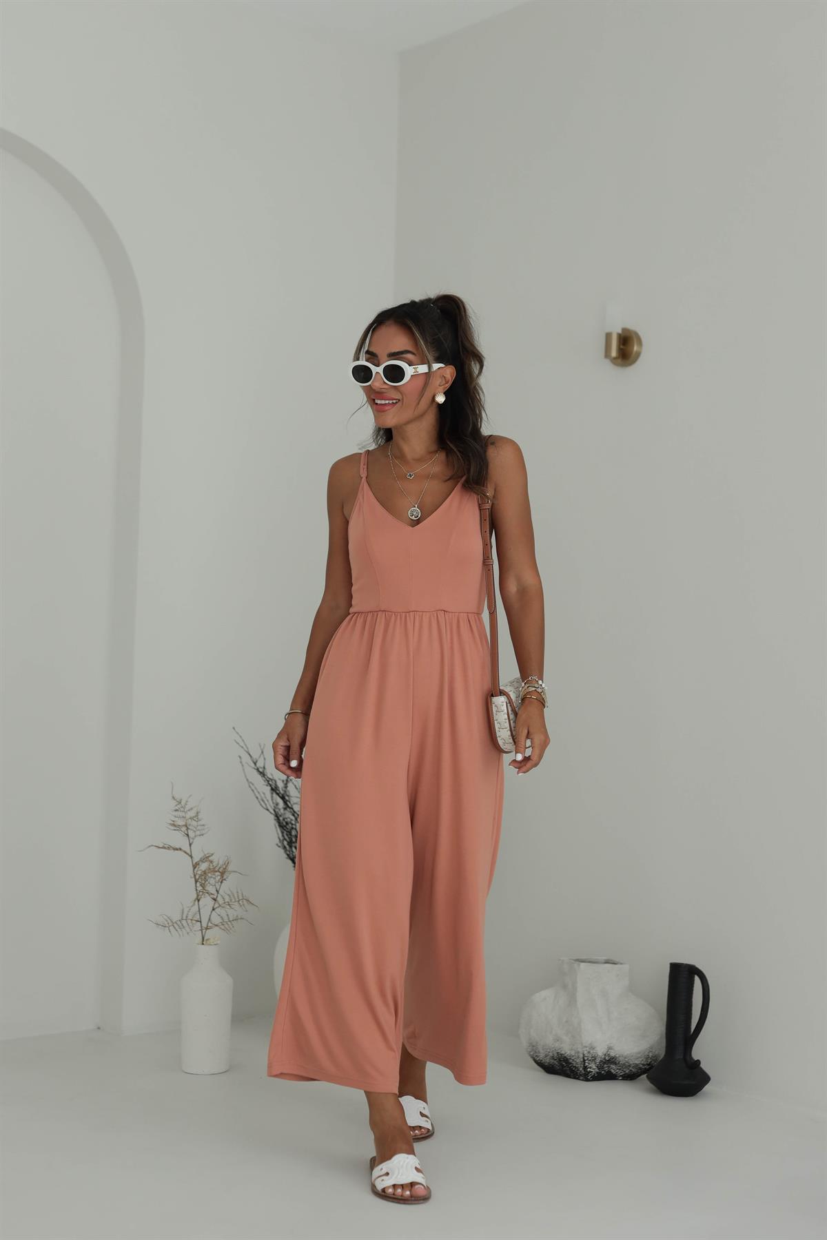 V Yaka İp Askılı Tulum