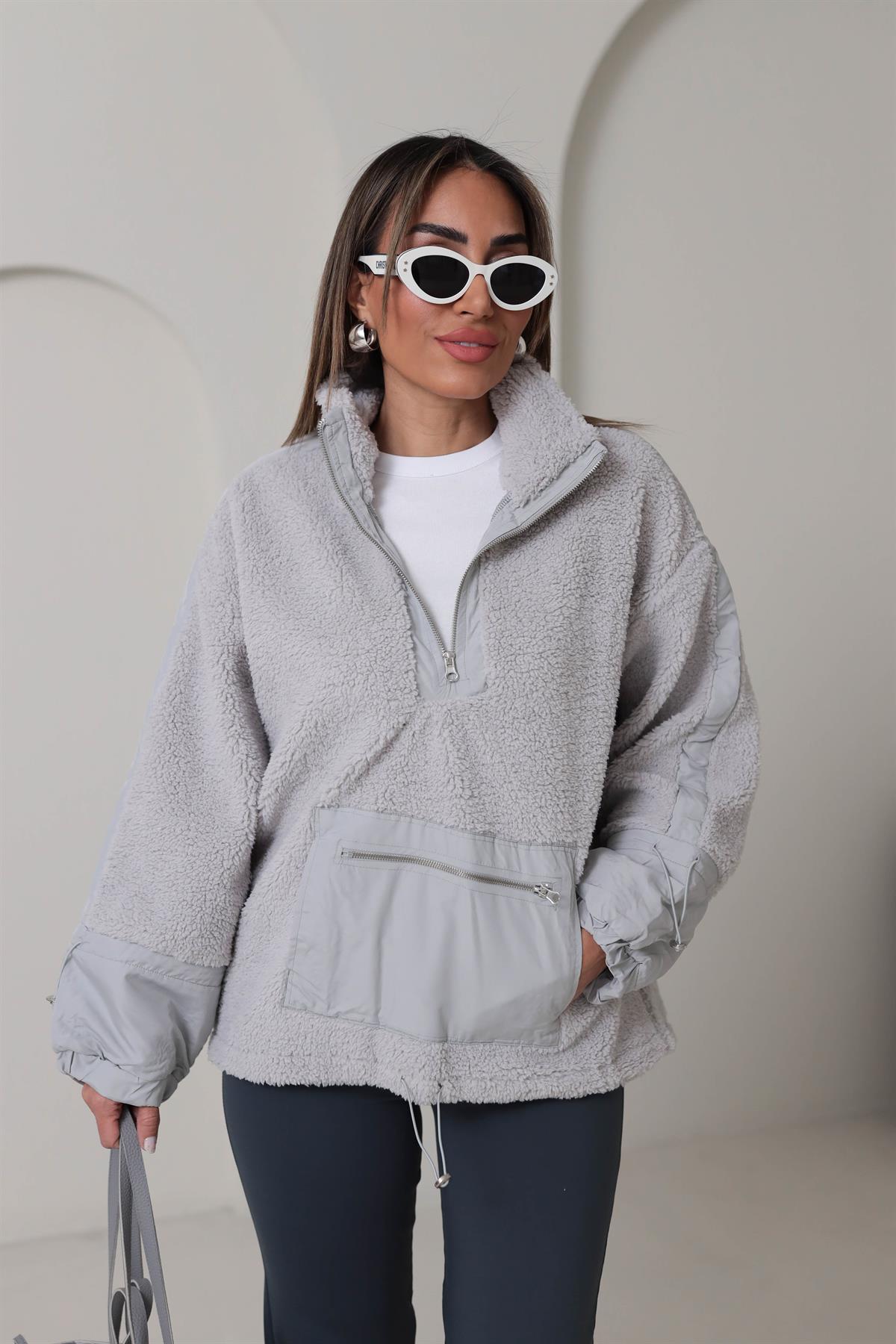 Yarım Fermuarlı Paraşüt Kumaş Detaylı Sweatshirt GRİ