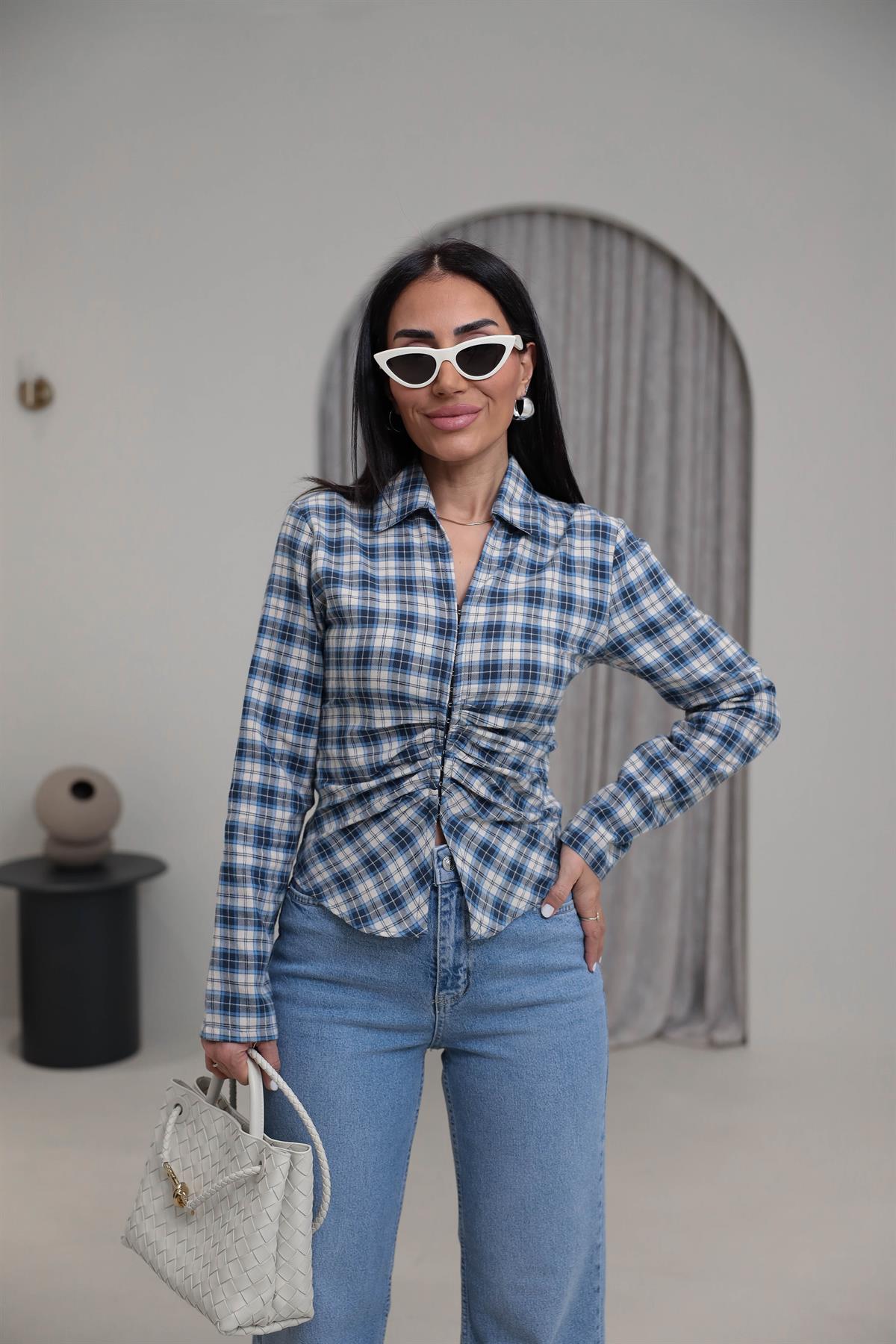 0817 Agraflı Ekose Gömlek MAVİ